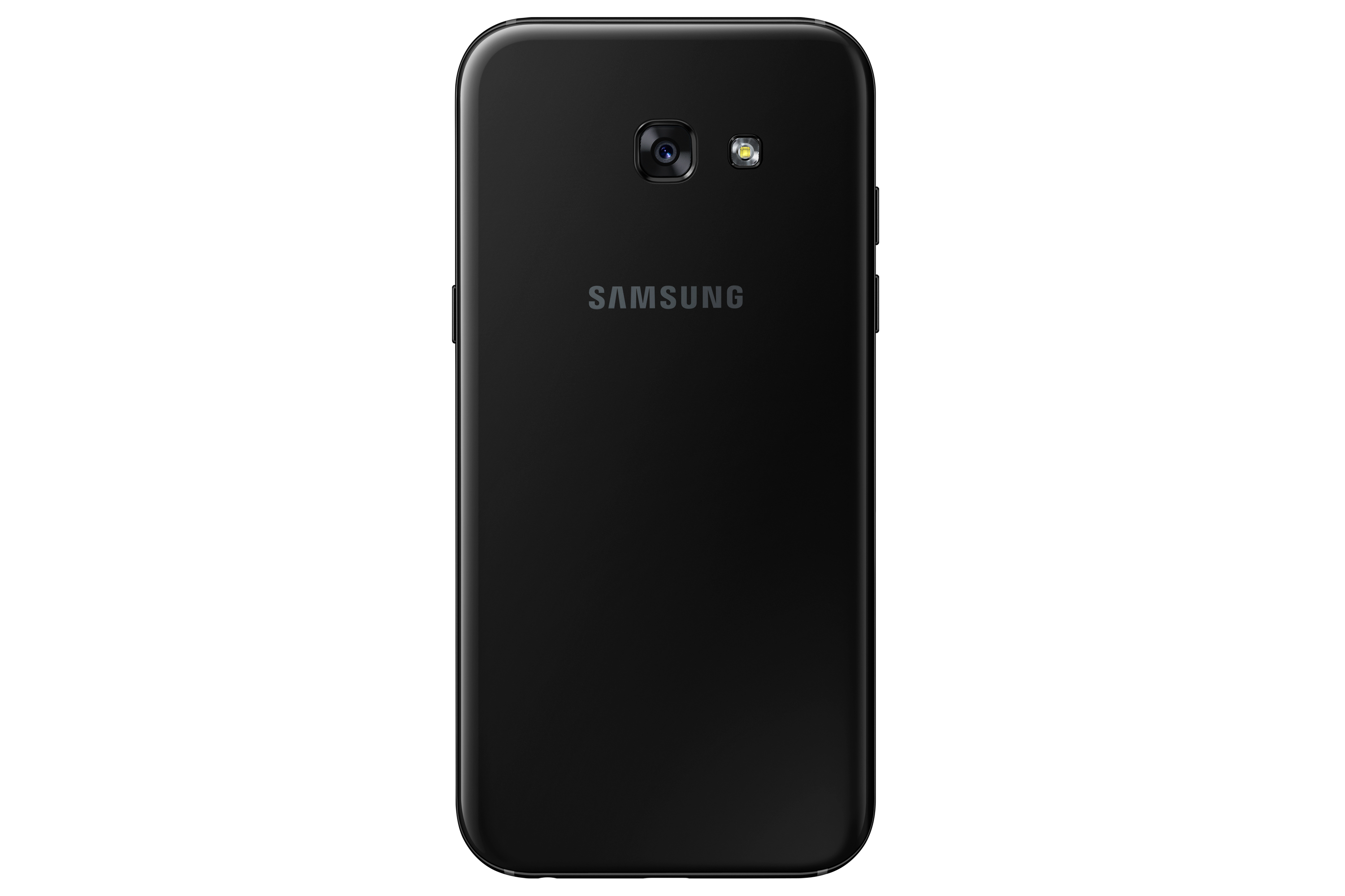 Schwarzes Smartphone, Rückansicht. Samsung-Logo. Schwarzer Hintergrund.