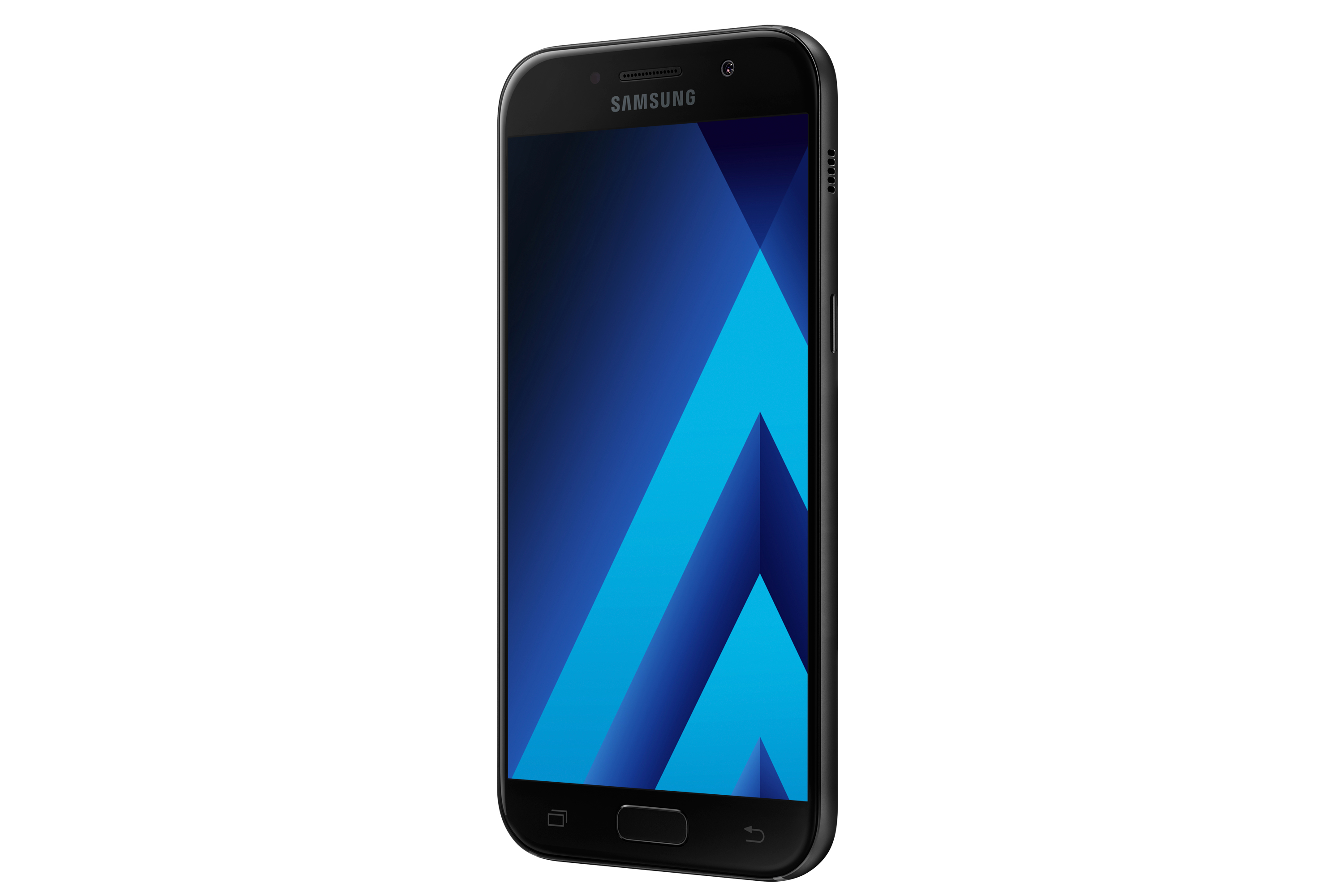 Smartphone in Schwarz, mit einem dunkelblauen Bildschirm, der eine blau-schwarze Grafik zeigt.