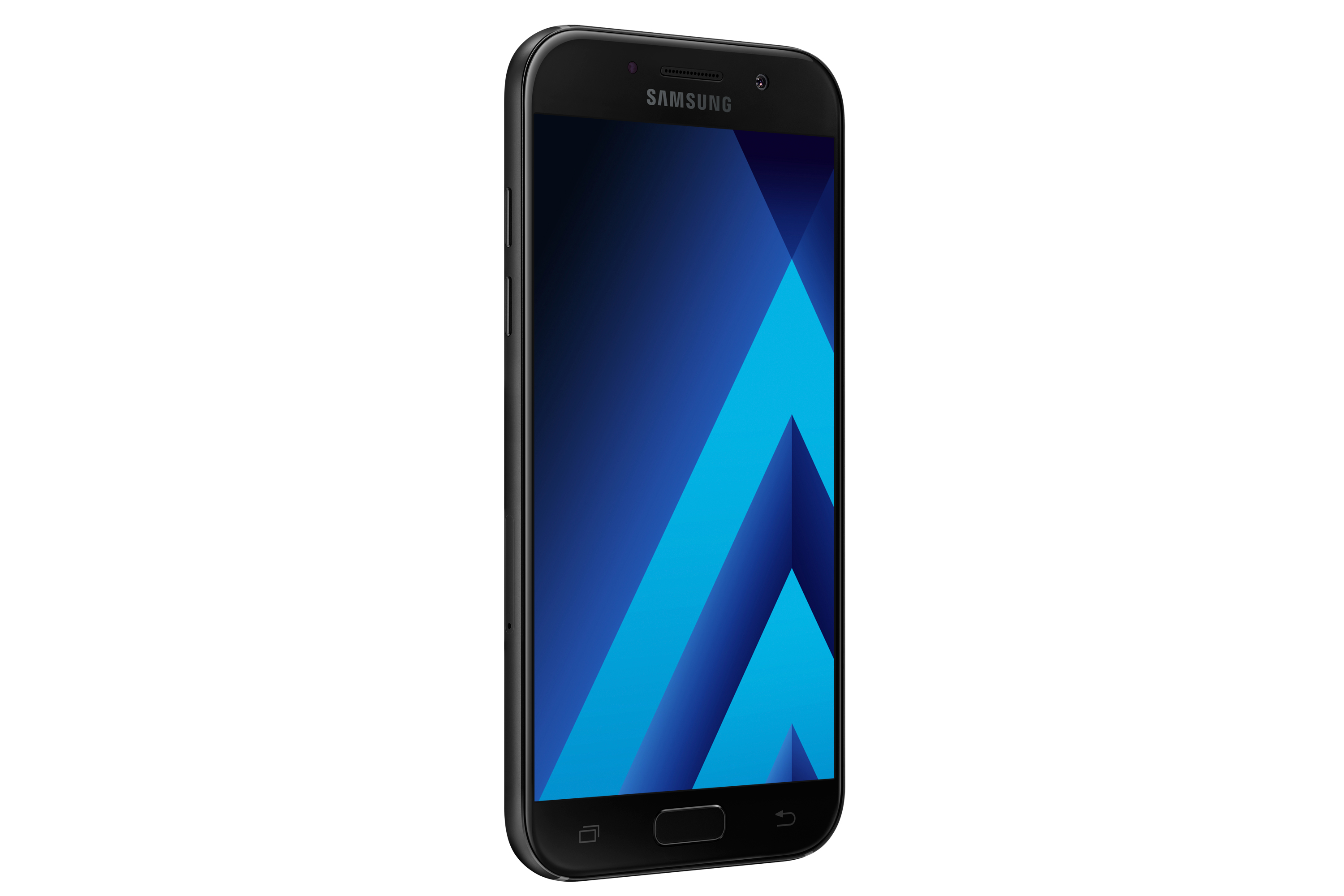 Schwarzes Samsung Telefon, Vorderansicht. Display zeigt dunklen blauen Farbverlauf.