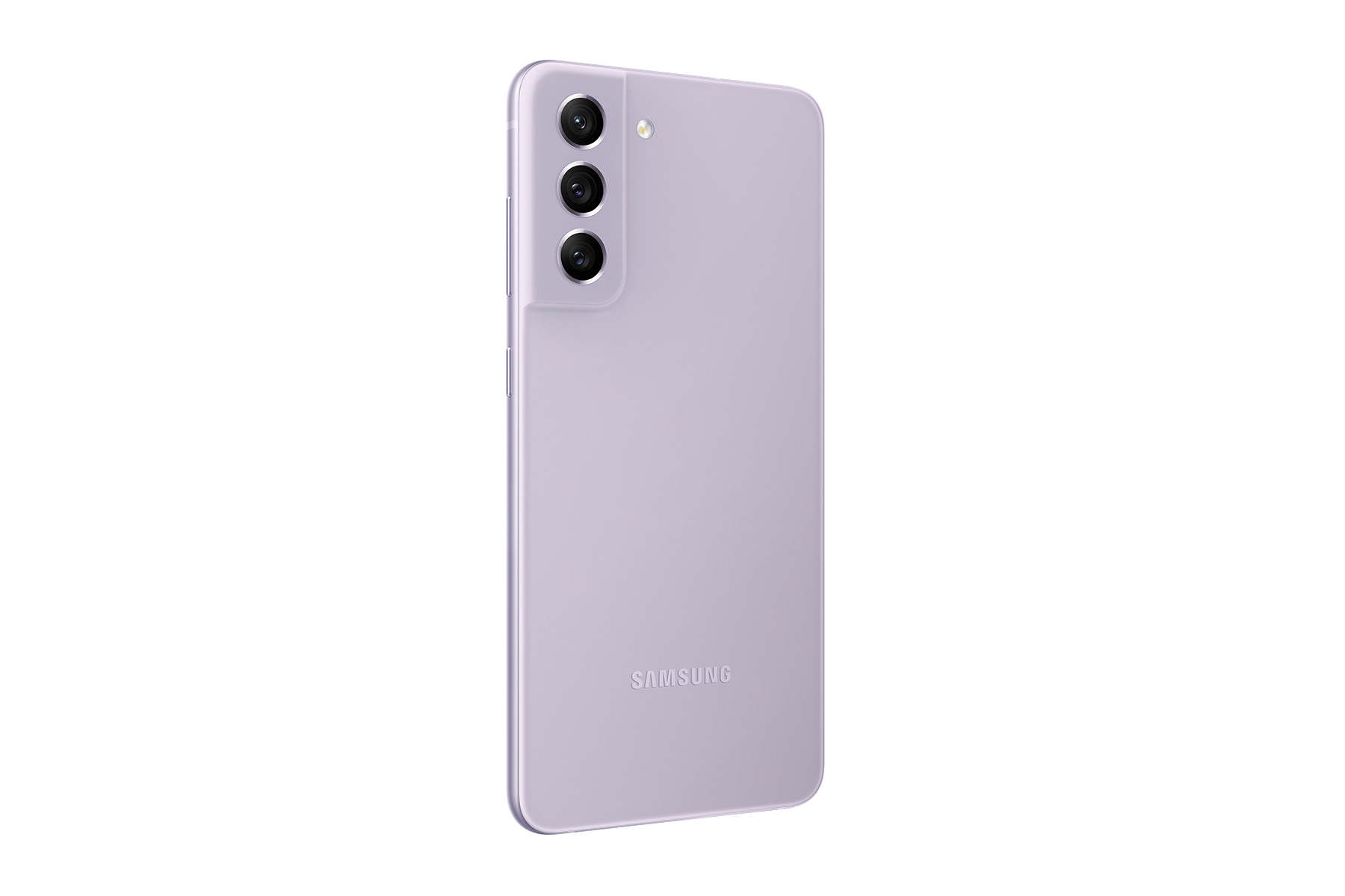 Rückseite eines hellvioletten Smartphones mit drei Kameras und dem Samsung-Logo.