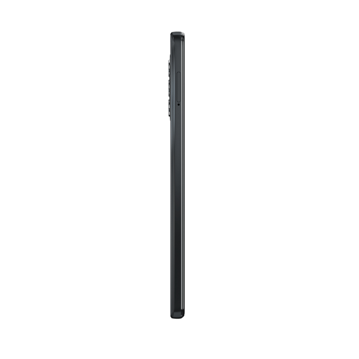 Ein schwarzes Smartphone, Seitenansicht, auf weißem Hintergrund.