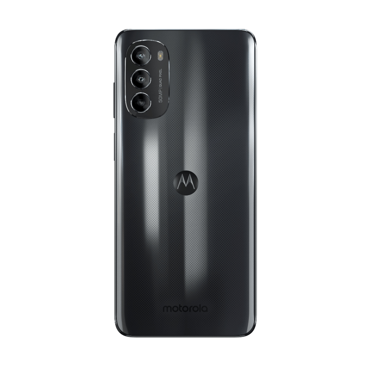 Die Rückseite eines dunkelgrauen Motorola-Telefons. Es hat drei Kameras und ein Motorola-Logo. Es ist strukturiert.