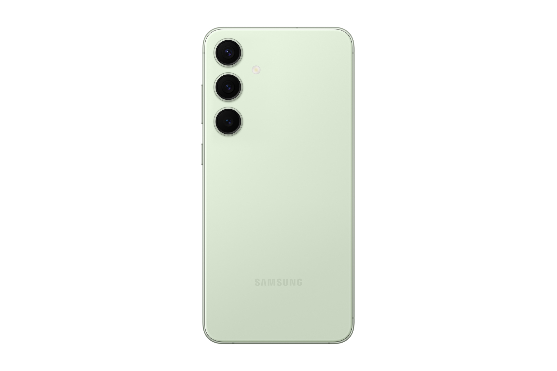 De achterkant van een lichtgroene telefoon met drie verticaal uitgelijnde camera's. Het woord "SAMSUNG" staat eronder.