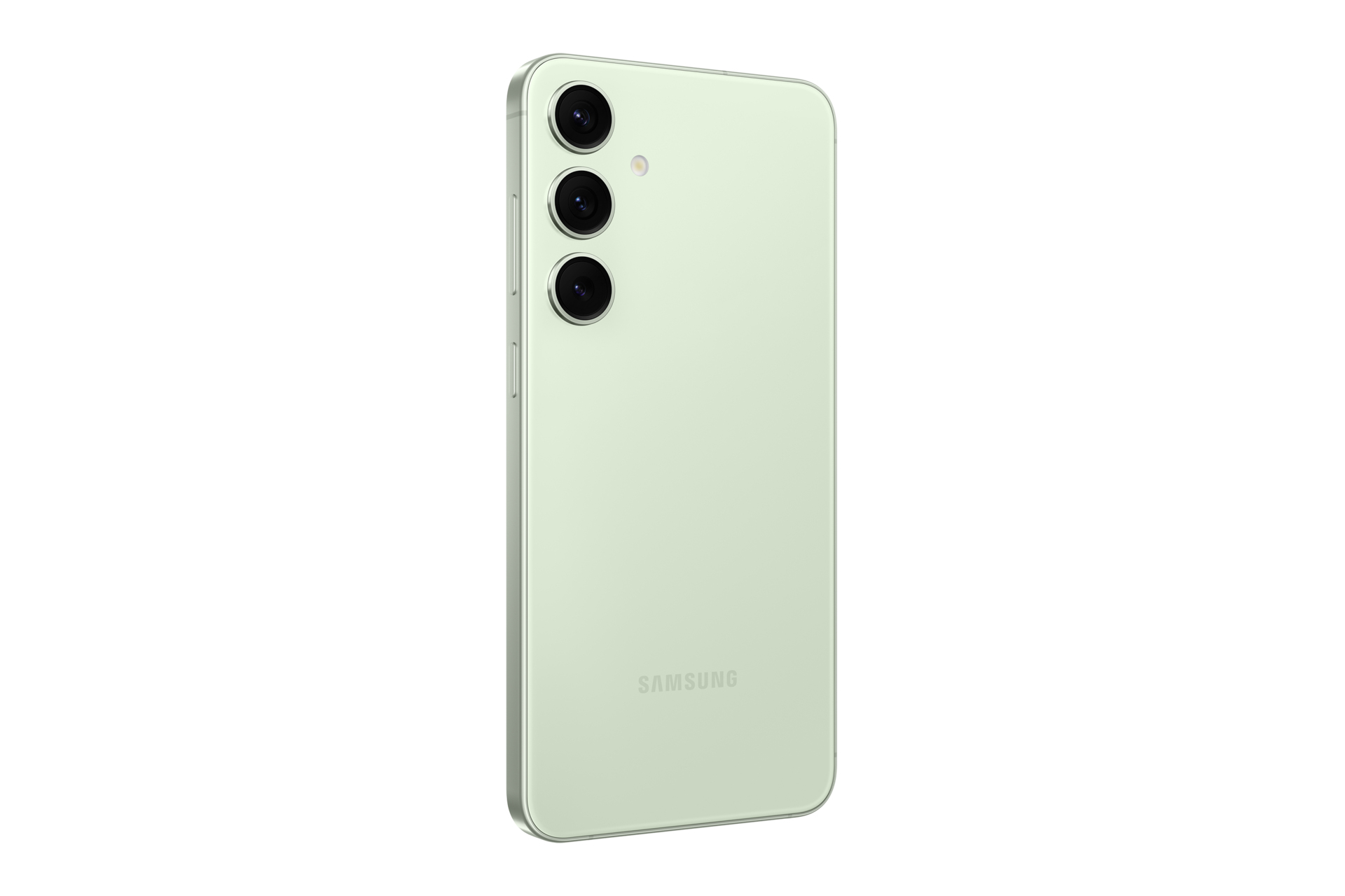 Groene telefoon achterkant. Drie cameralenzen en het Samsung-logo zichtbaar op witte achtergrond.