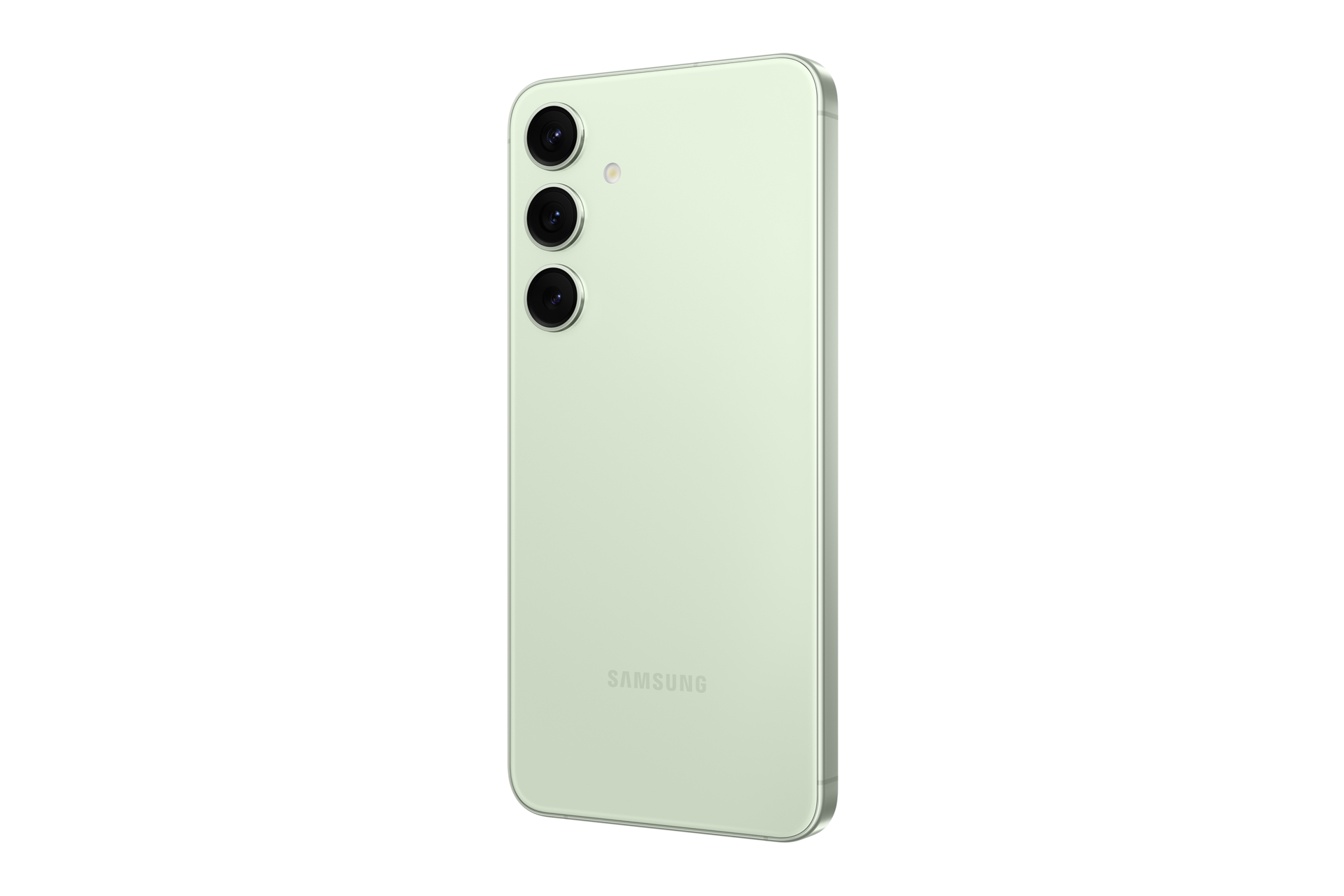Groene smartphone. Drie camera's op de achterkant. Samsung logo onderaan. Witte achtergrond.