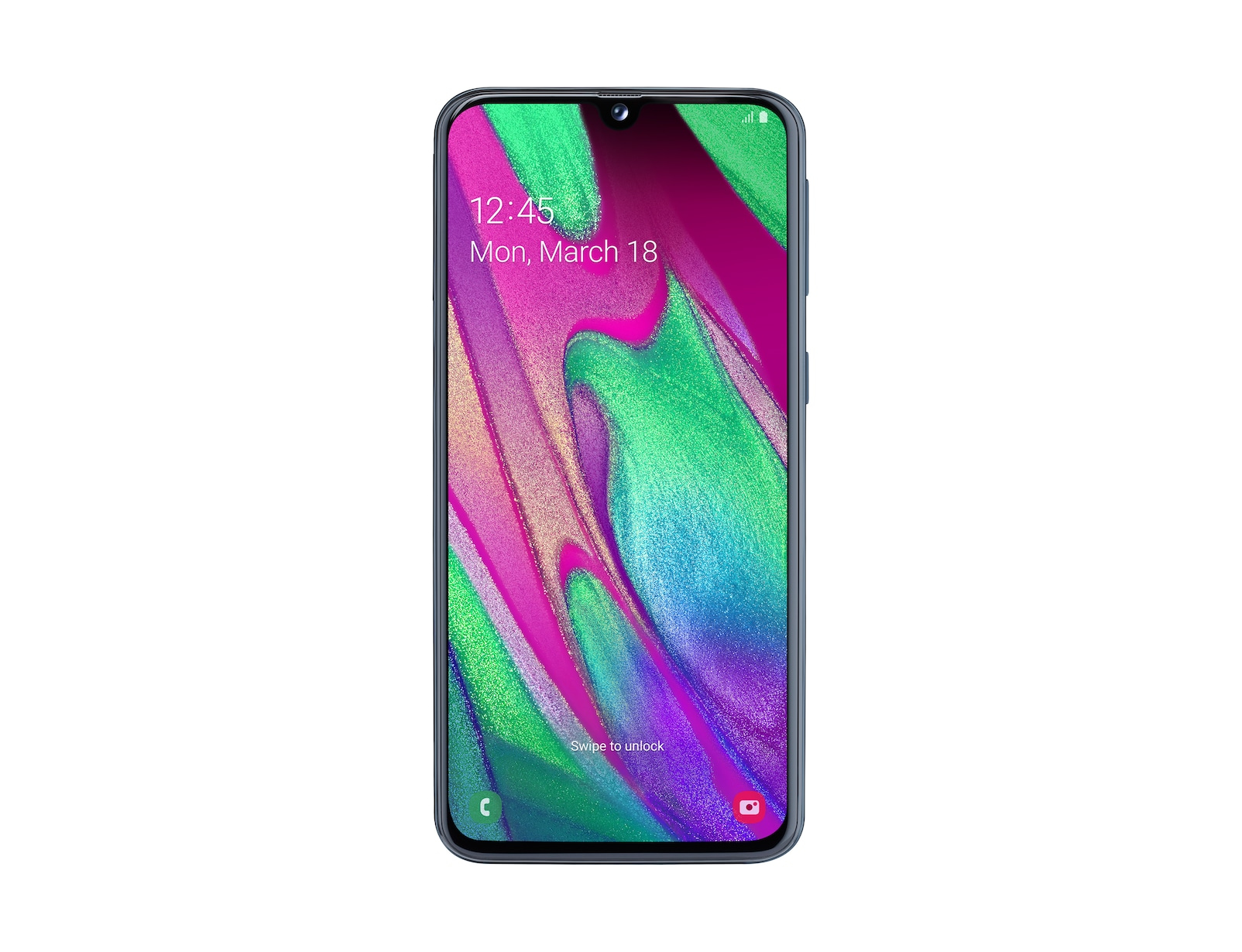Blaues Smartphone mit Bildschirm, der Uhrzeit und Datum anzeigt. Der Bildschirm zeigt grüne und blaue Farben.