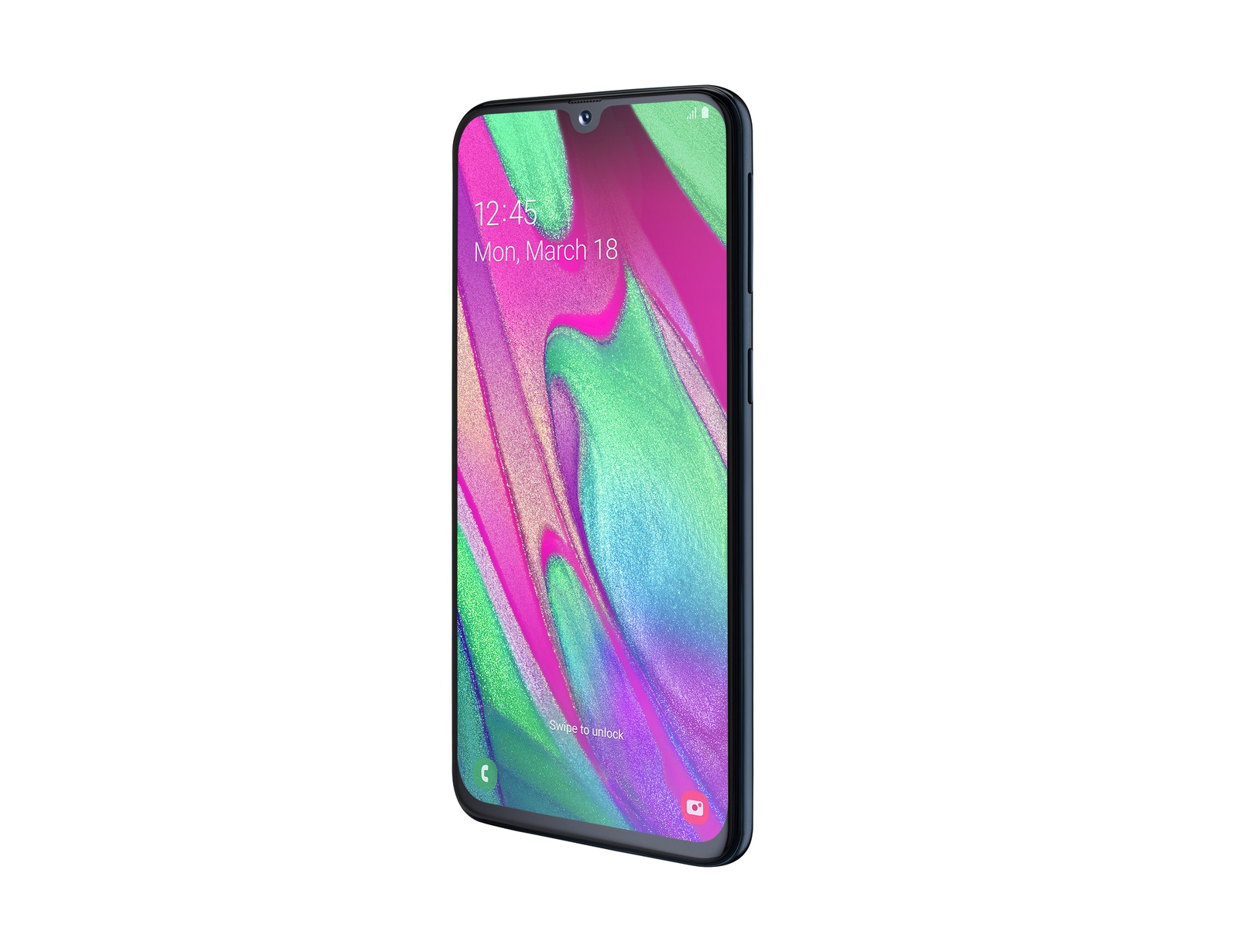 Smartphone mit farbenfrohem Bildschirm, zeigt Datum und Uhrzeit. Schwarzer Rahmen.