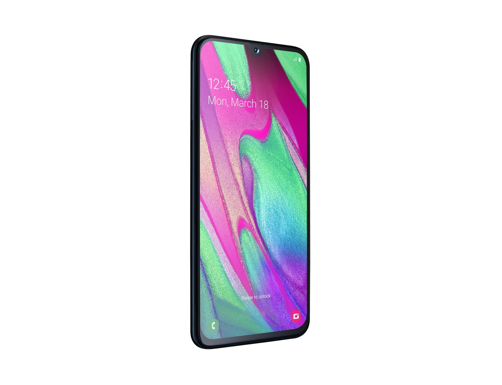 Ein Mobiltelefon, schwarzer Rahmen, Bildschirm zeigt Zeit und einen bunten Hintergrund.