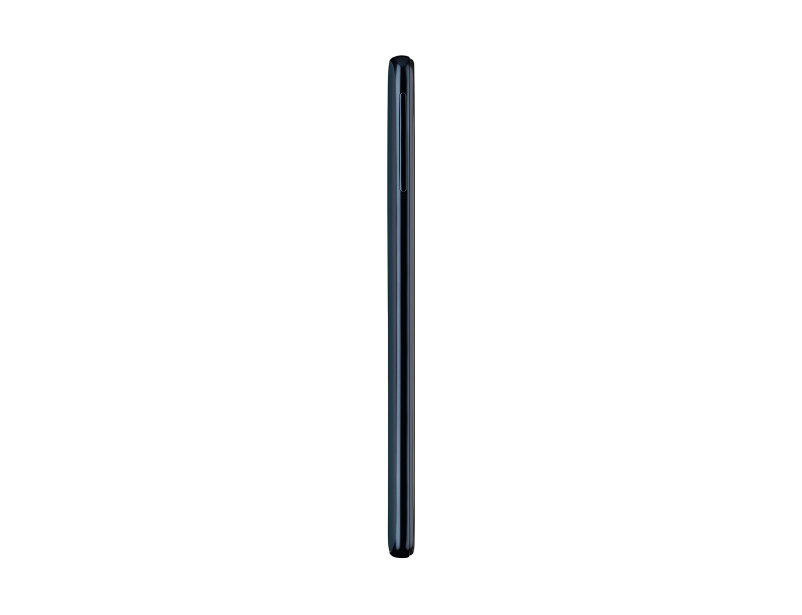 Seitenansicht eines schwarzen Smartphones. Schlankes Design. Blauer Farbton. Weißer Hintergrund.
