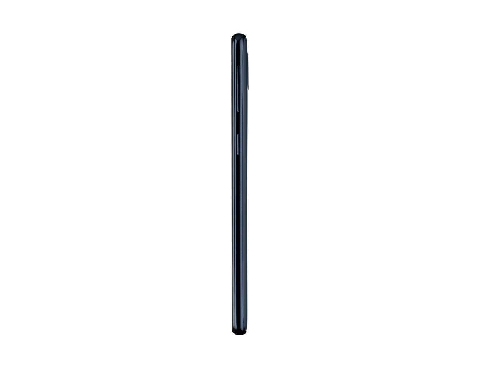 Ein blaues Smartphone von der Seite gesehen, mit Ein-/Aus-Taste und Lautstärkereglern.