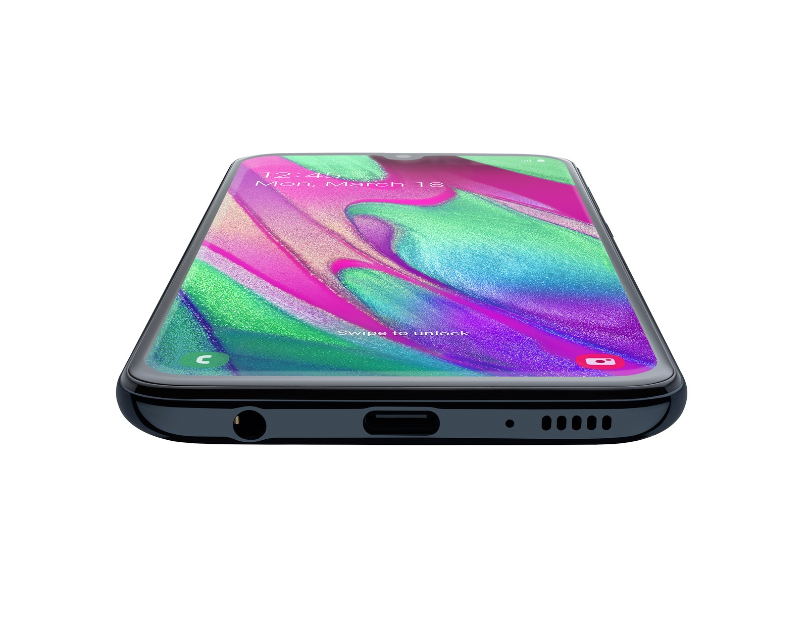 Ein Smartphone vor weißem Hintergrund. Der Bildschirm zeigt ein farbenfrohes abstraktes Bild. Das Telefon ist schwarz.
