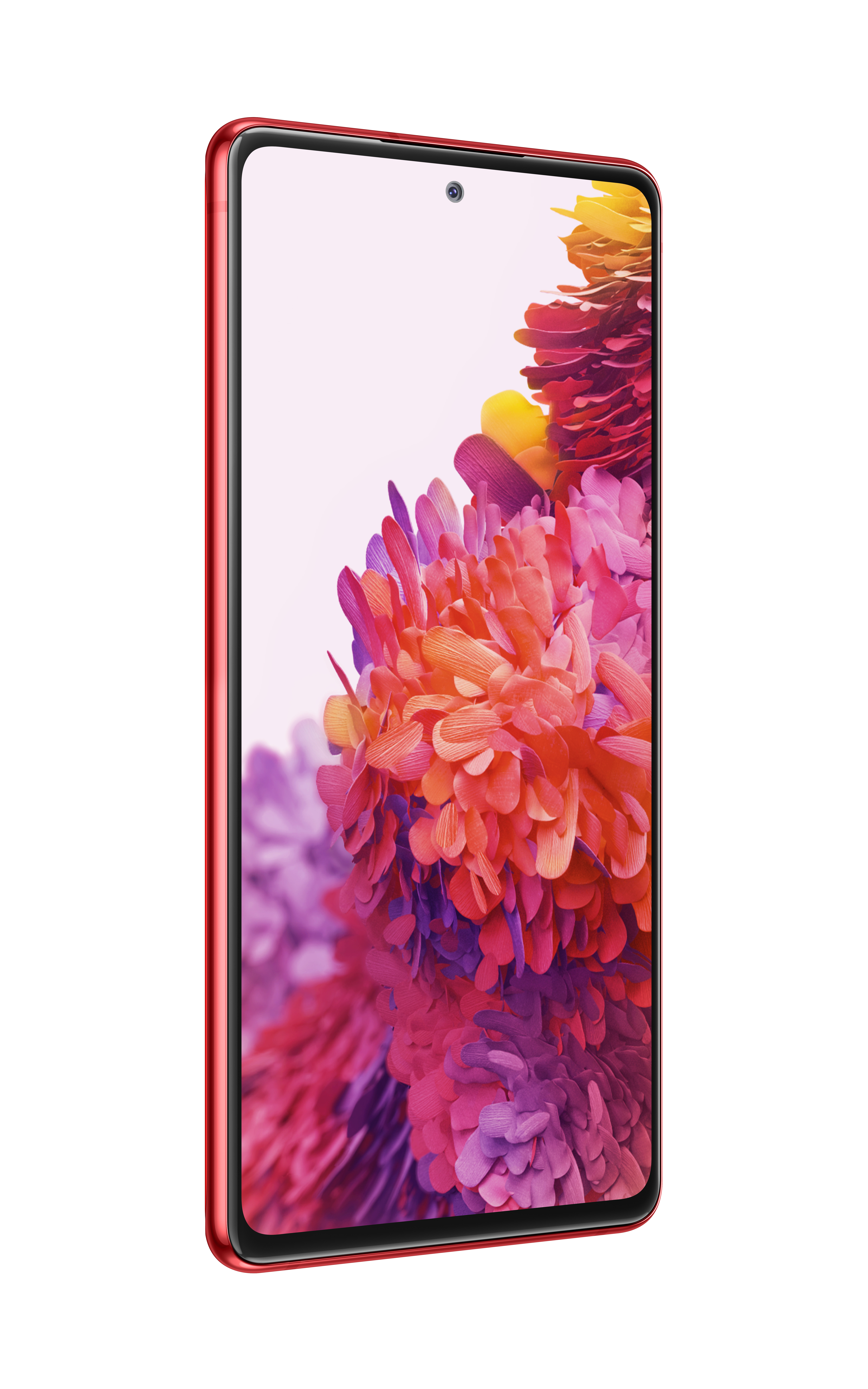Rotes Smartphone, schräge Ansicht. Schräge Ansicht, Bildschirm sichtbar.
