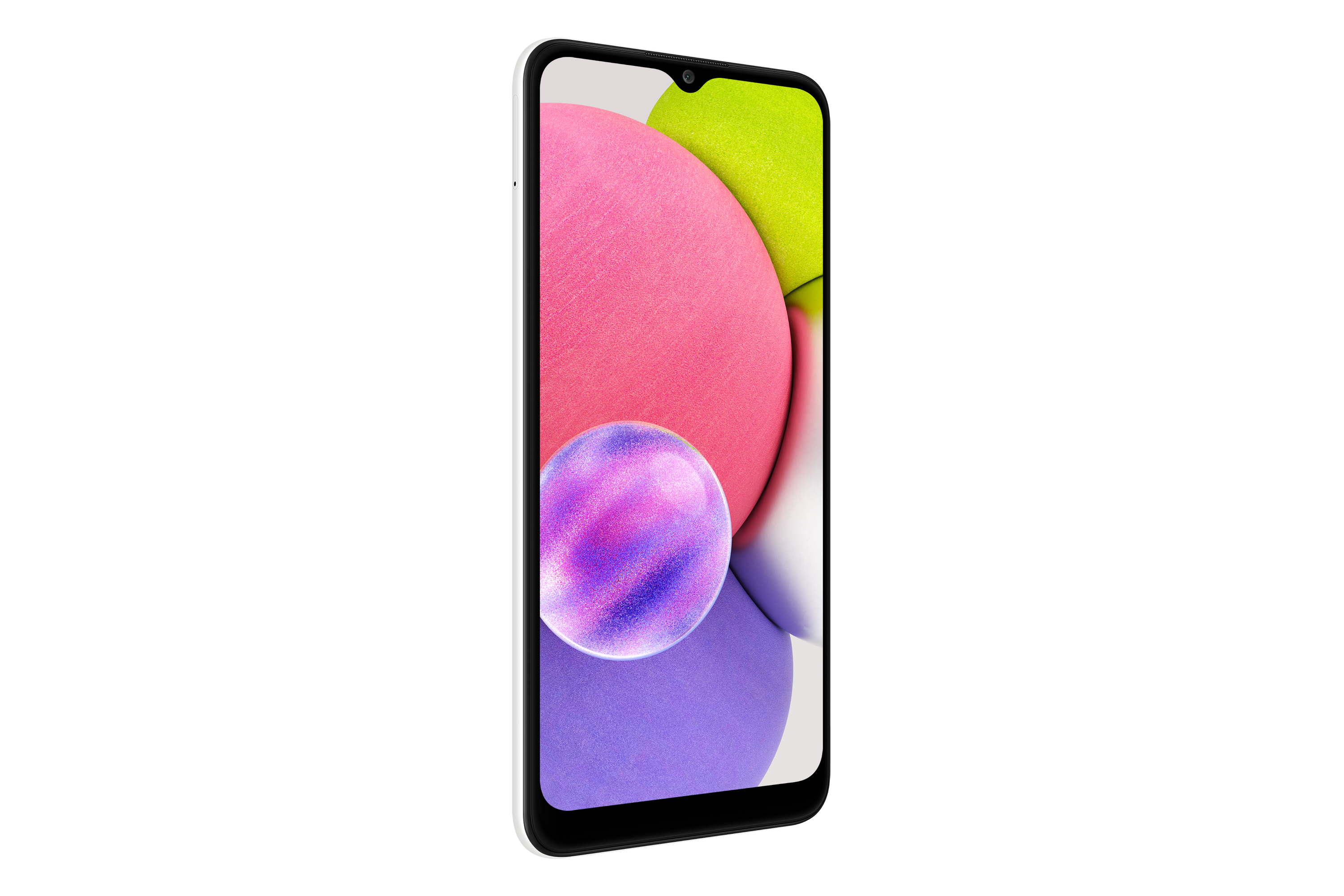 Weißes Smartphone, schräge Ansicht. Bildschirm mit rosa, grünen und lila Farben. Weißer Hintergrund.