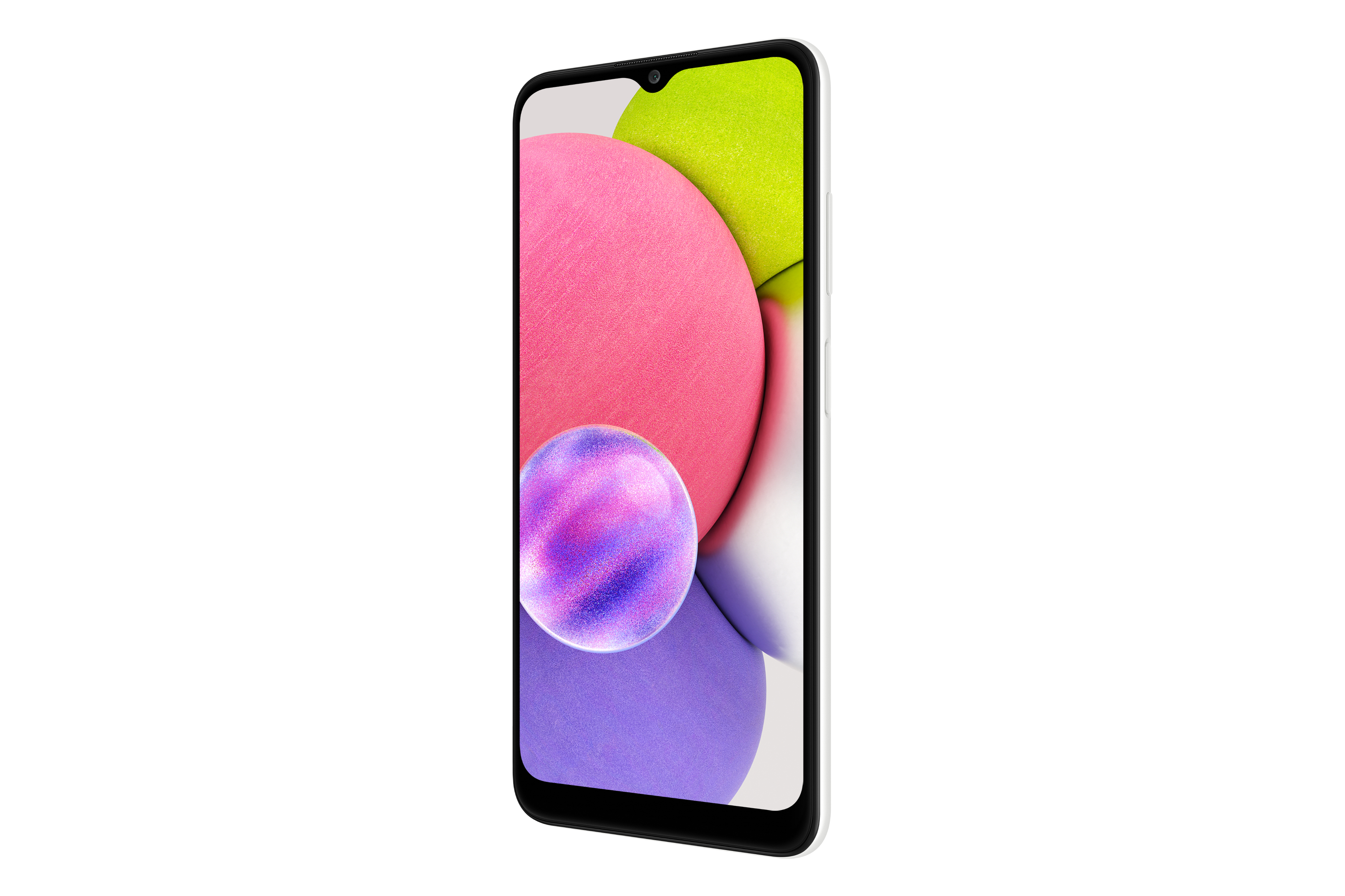 Weißes Telefon mit Bildschirm, der Formen und einen rosa-lila Orb zeigt.