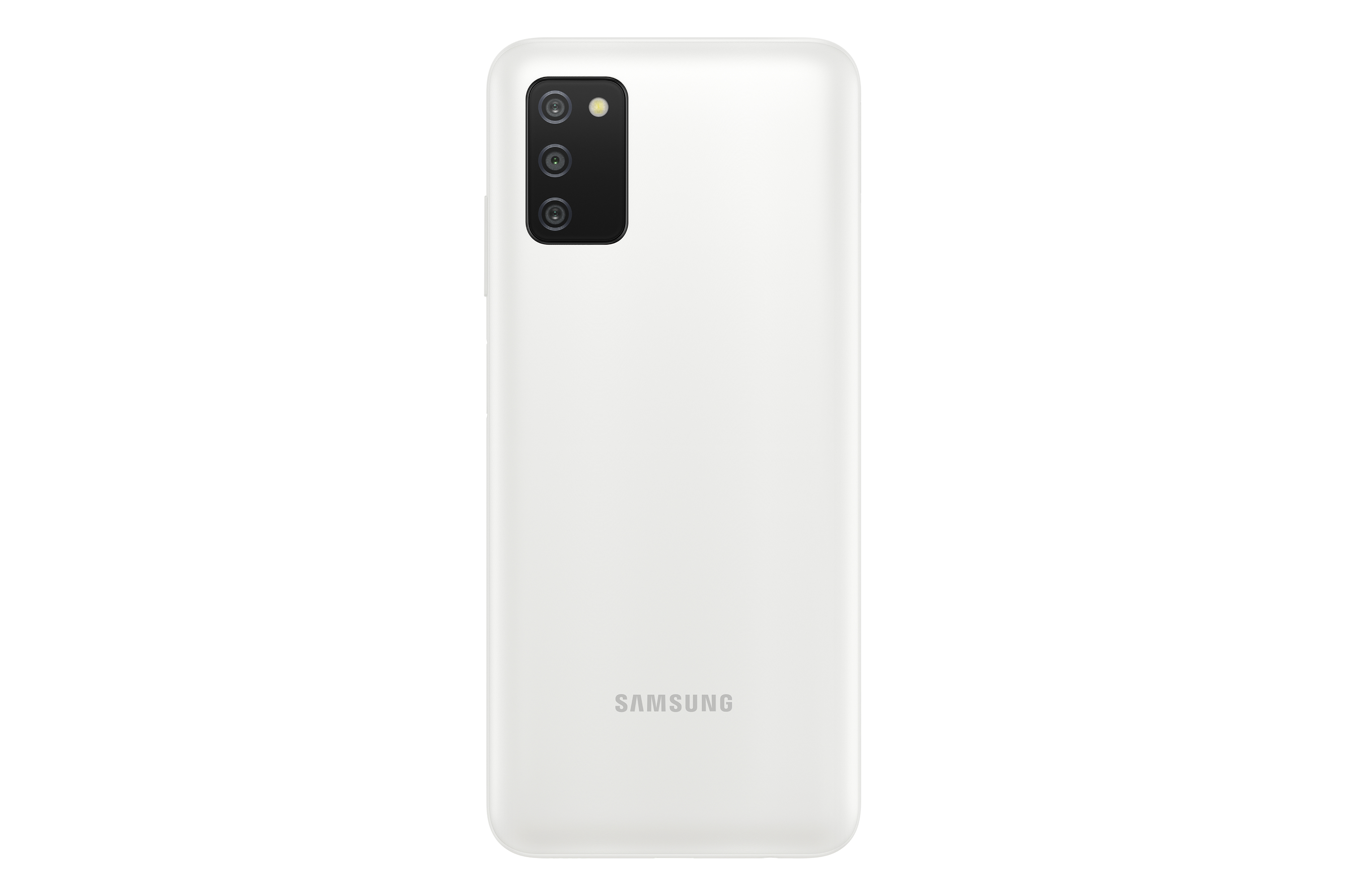 Weißes Samsung-Handy-Rückseite mit Dreifachkamera und Samsung-Logo.