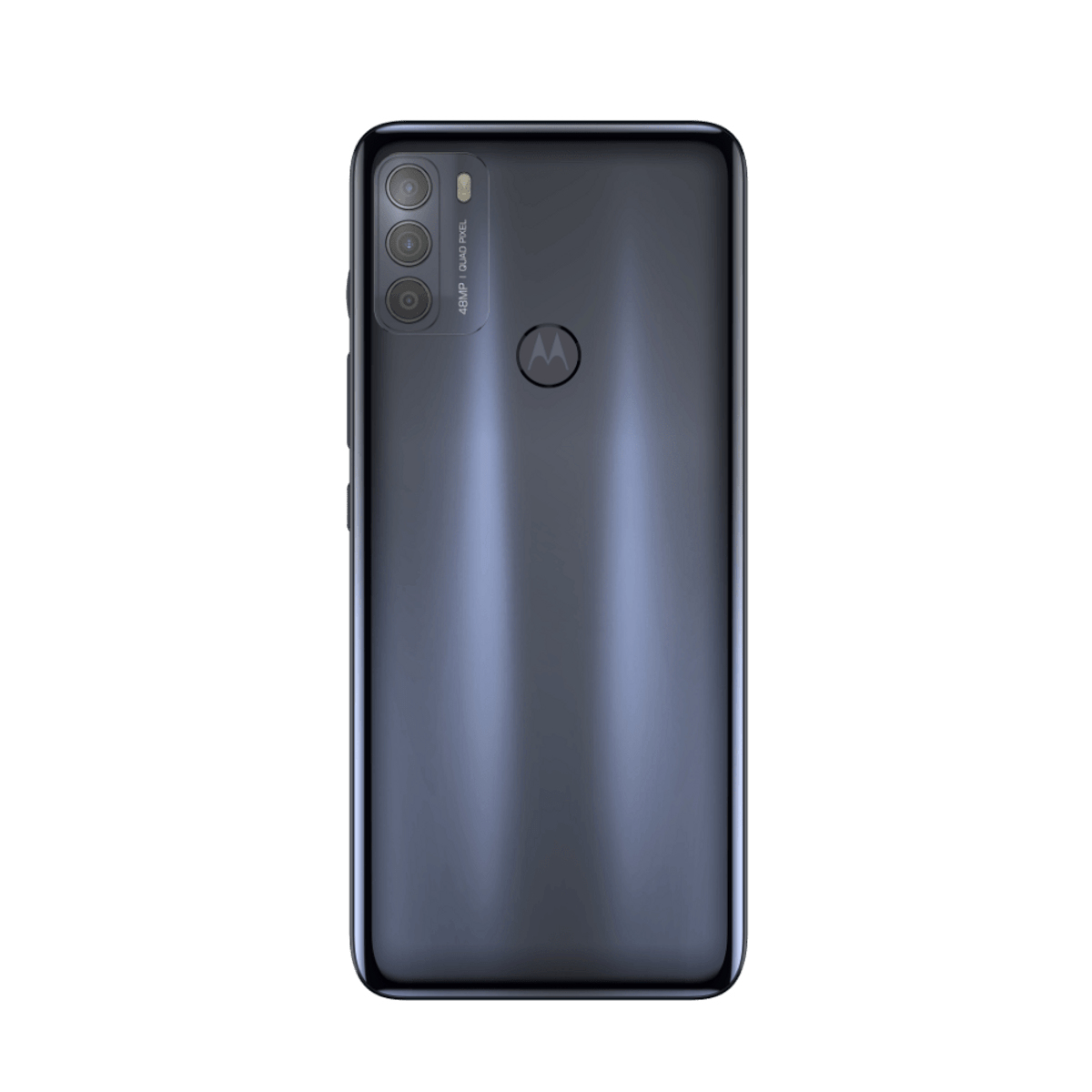 De achterkant van een blauwe smartphone met meerdere camera's.