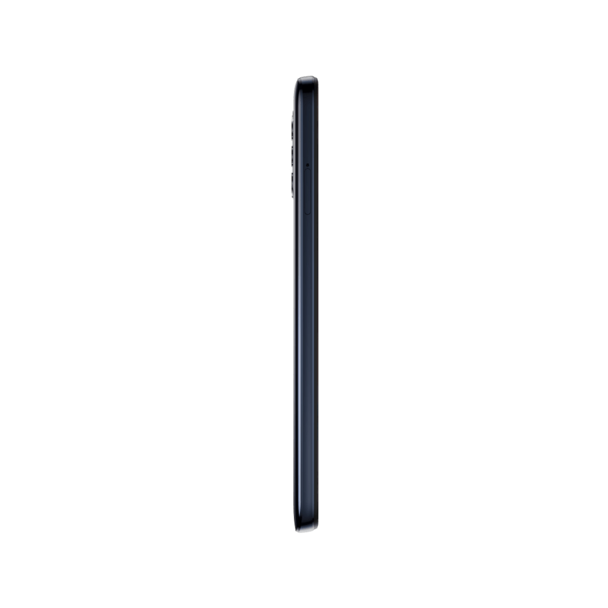Zijaanzicht van donkerblauwe telefoon met knoppen.