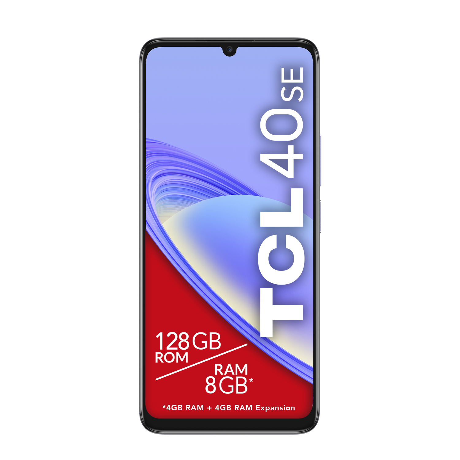 Telefono TCL 40 SE; schermo blu con grafica; testo bianco: TCL 40 SE, 128GB ROM, 8GB RAM; sfondo rosso.
