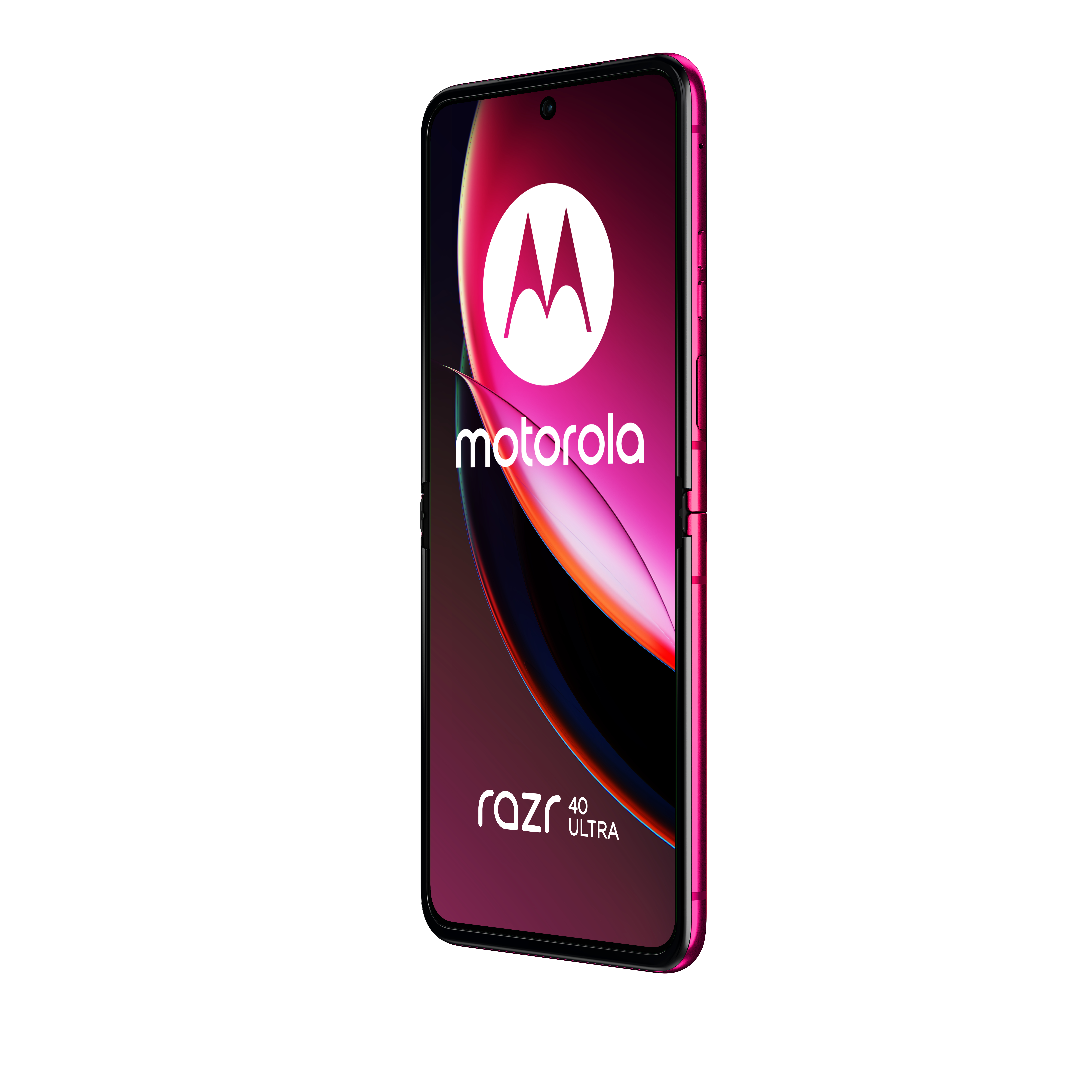 Smartfon Motorola Razr 40 Ultra. Wyświetlacz z logo Motorola i gradientem. Różowa ramka.