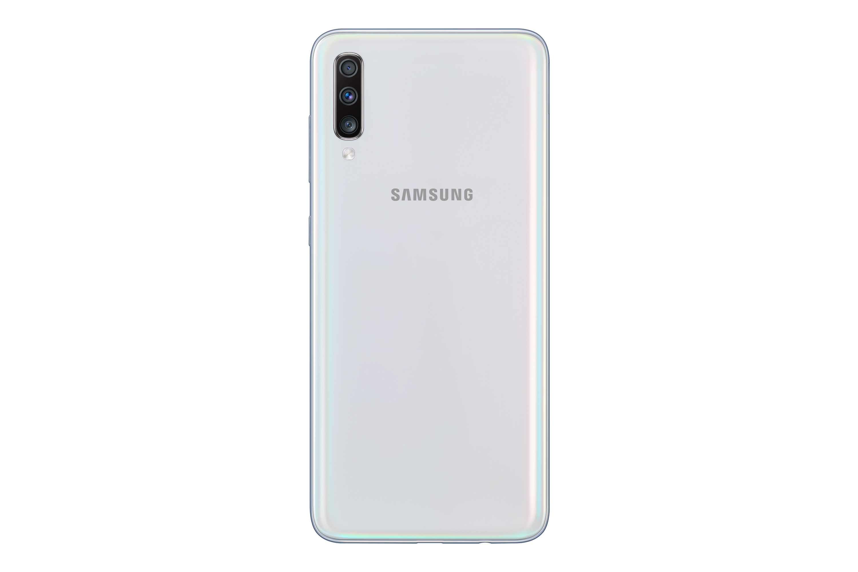 Die Rückseite eines weißen Smartphones mit drei Kameras und dem Wort 'SAMSUNG'.