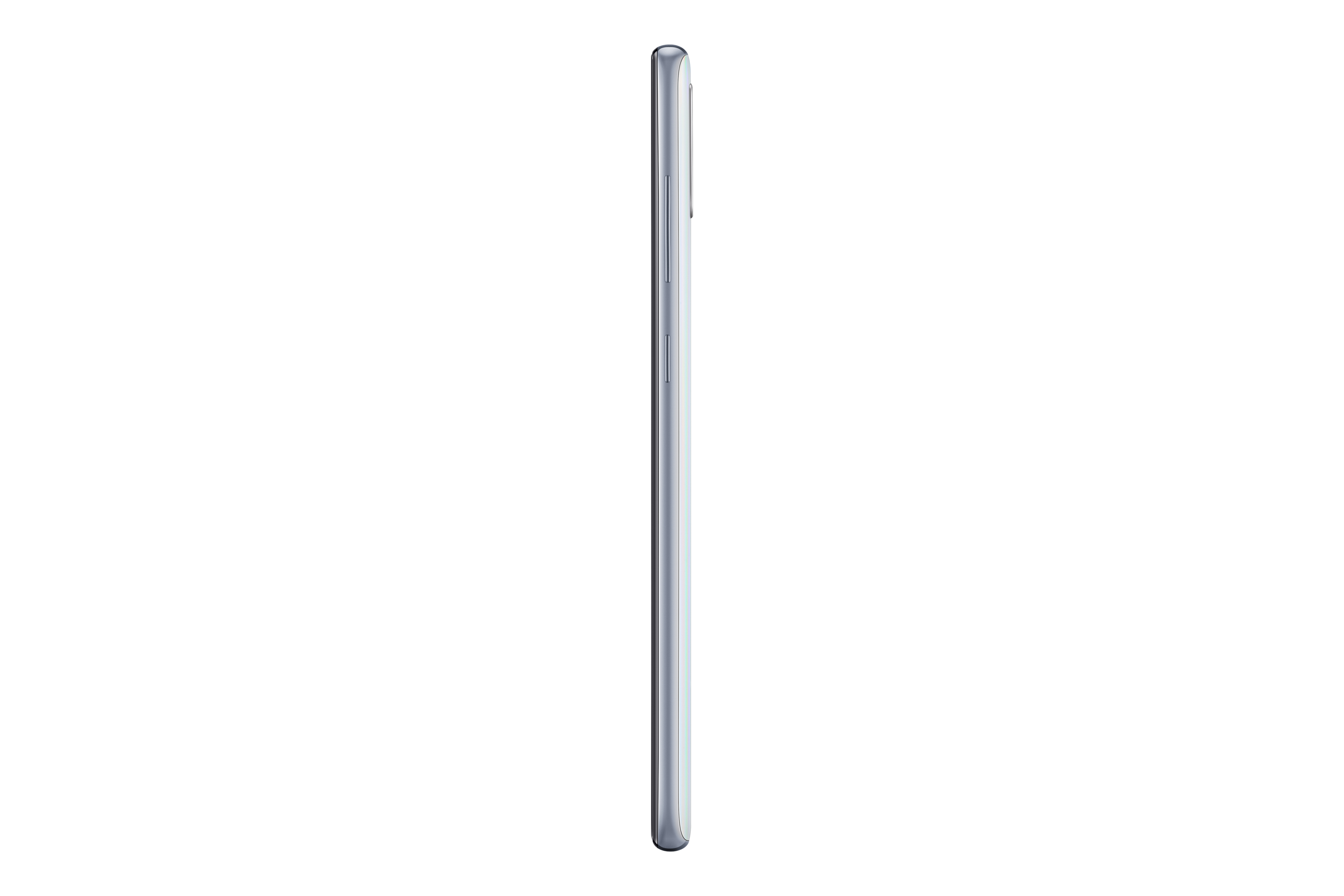 Seitenansicht eines silbernen Smartphones. Das Telefon befindet sich im Hochformat und hat ein sauberes Design.