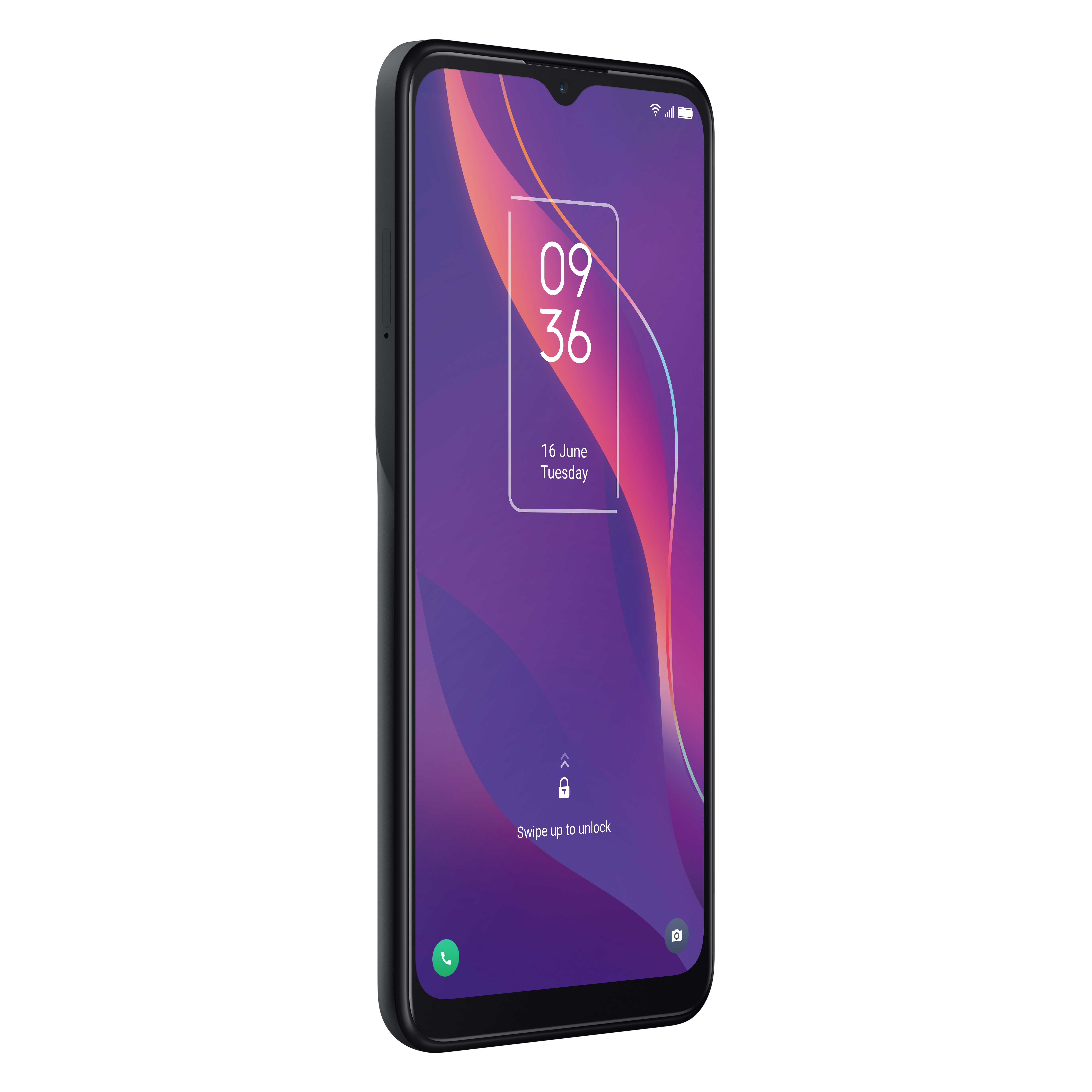 Schwarzes Smartphone zeigt den Bildschirm mit Uhrzeit, Datum und Sperrbildschirm.