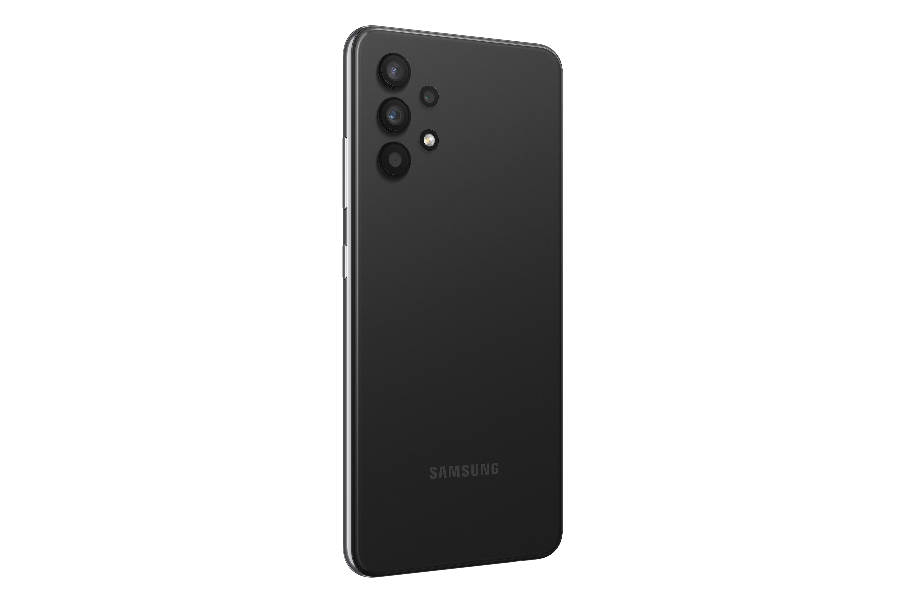 Retro di smartphone nero, lenti della fotocamera in disposizione verticale e logo Samsung.