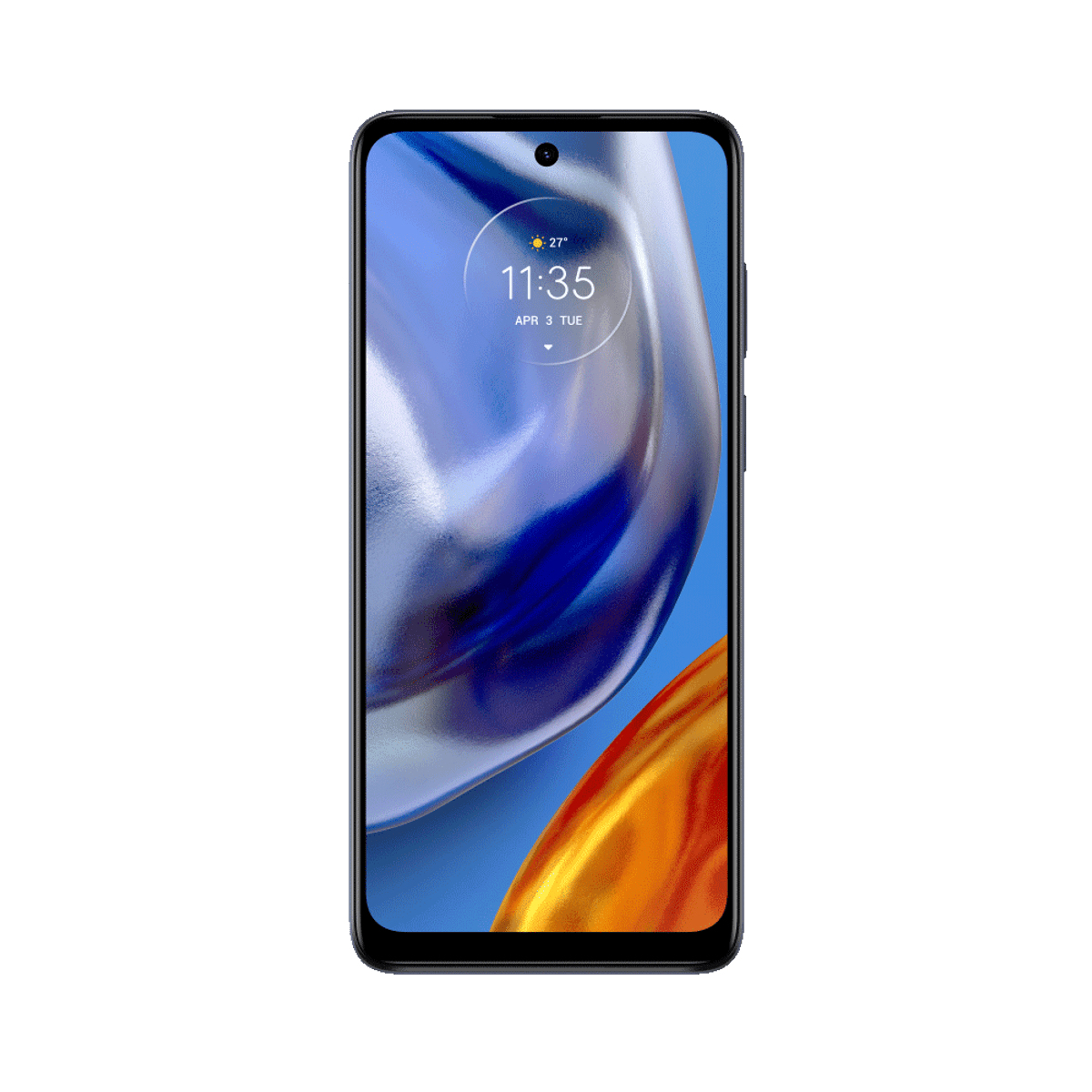 Ein Smartphone mit schwarzem Bildschirm, das Zeit und Datum anzeigt.