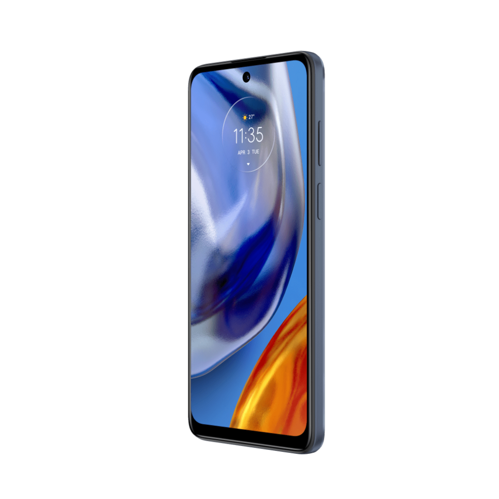 Blaues Smartphone auf weißem Hintergrund, Uhrzeit wird angezeigt. Winkelansicht, Seitentasten sichtbar.