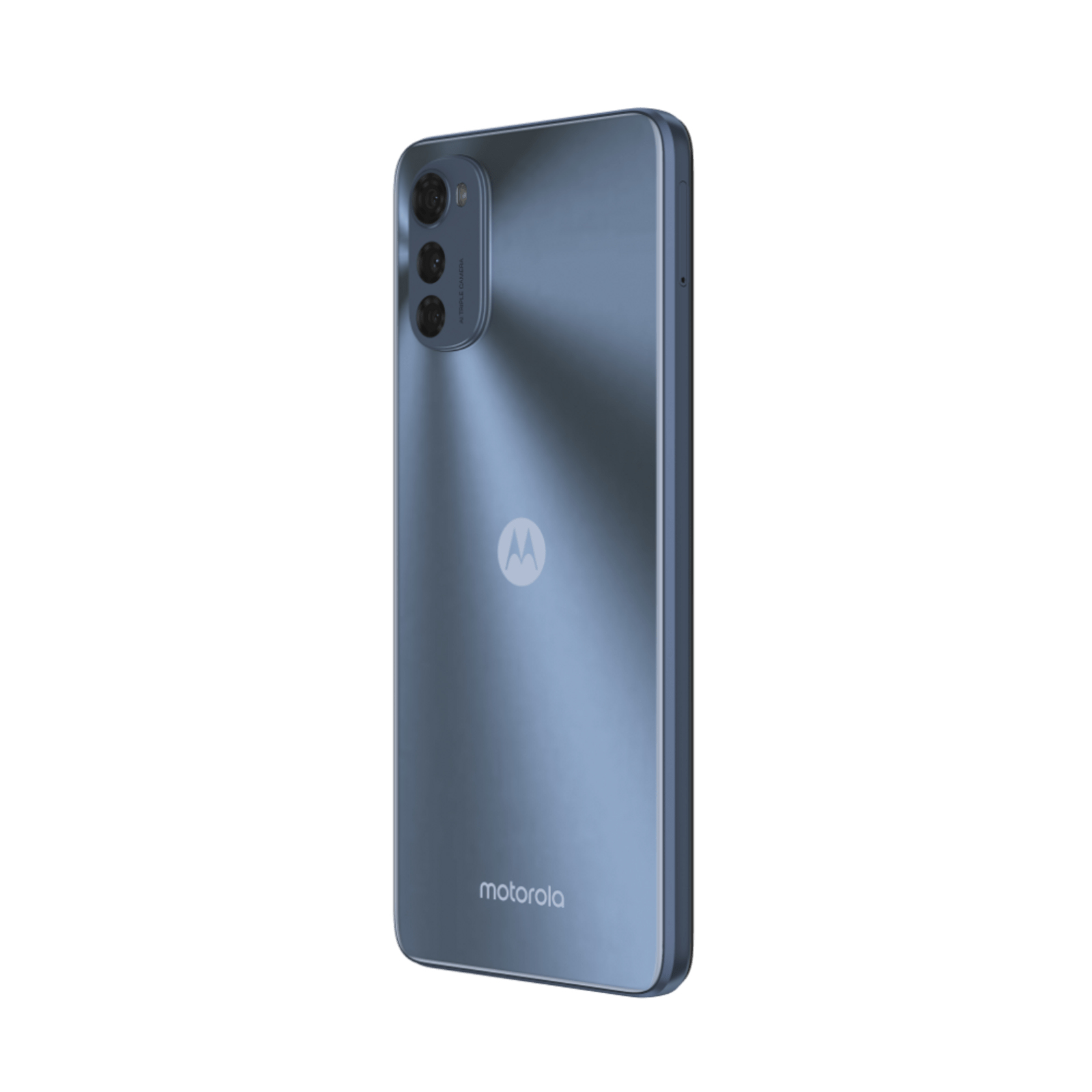 Blaues Motorola-Handy, Rückansicht, auf weißem Hintergrund.