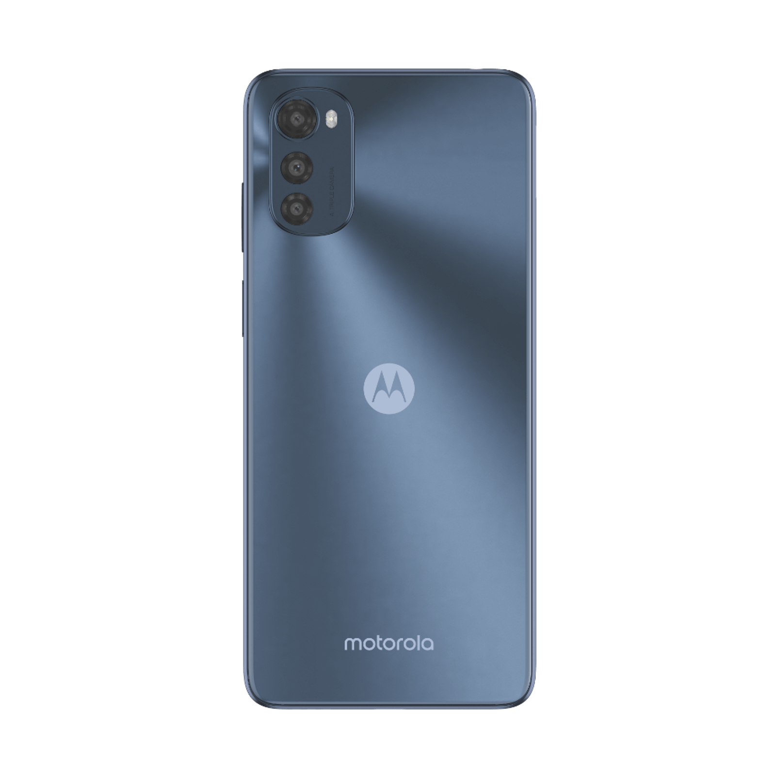 Blaue Telefonrückseite, Motorola-Logo, Dreifachobjektivkamera.