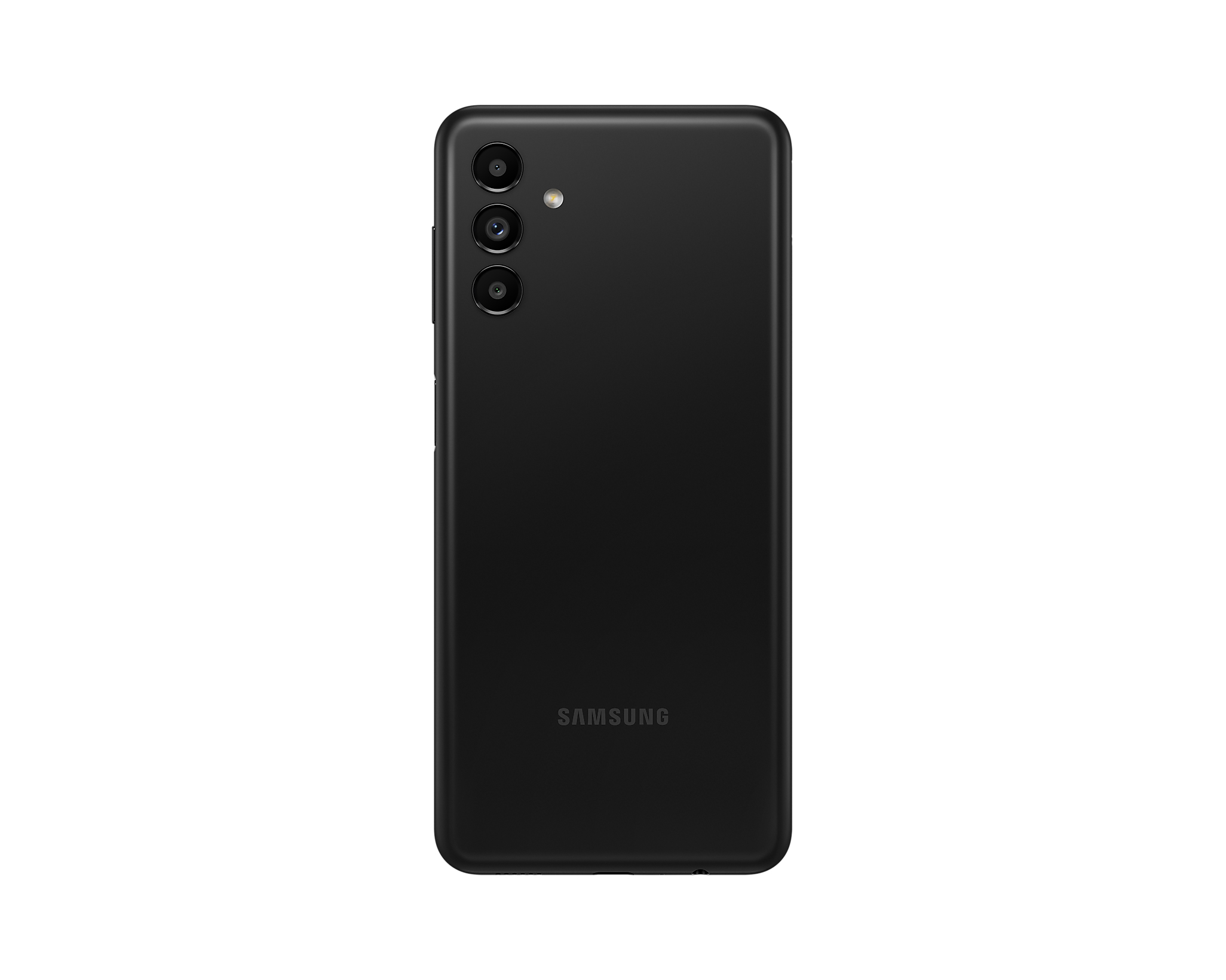 Schwarze Samsung-Telefonrückseite mit drei Kameras, Blitz und Samsung-Logo.
