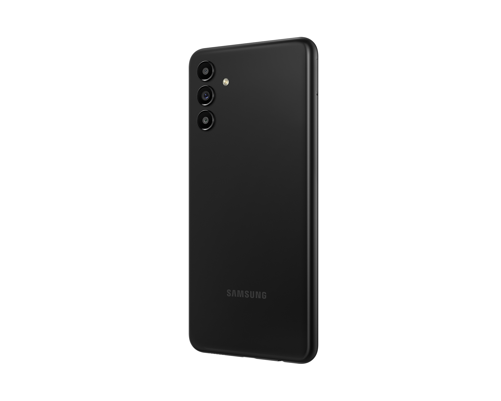 Rückseite eines schwarzen Samsung-Telefons mit drei Kameras und Samsung-Logo.