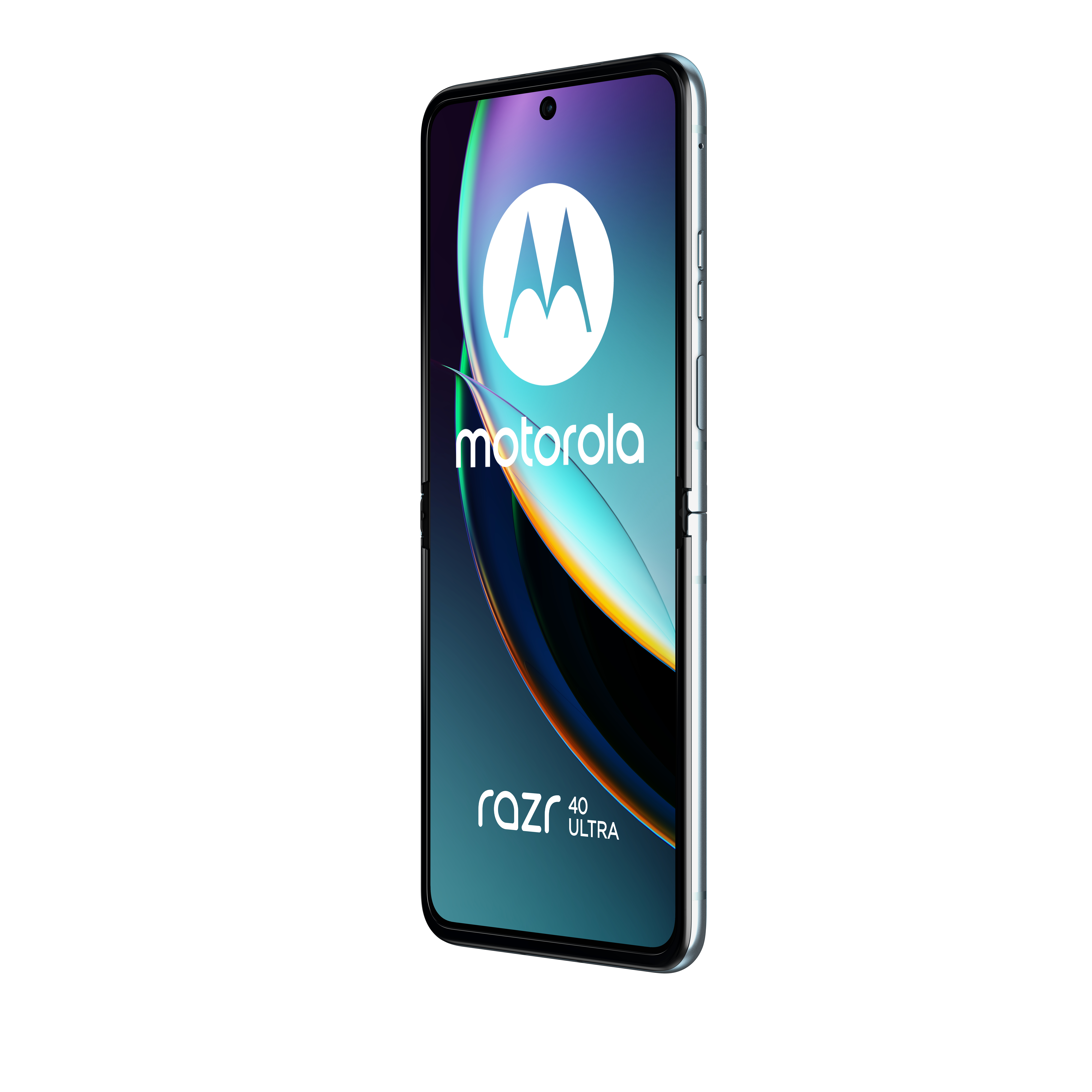 Złożony telefon Motorola Razr 40 Ultra. Ma turkusowo-fioletową obudowę z logo Motorola.