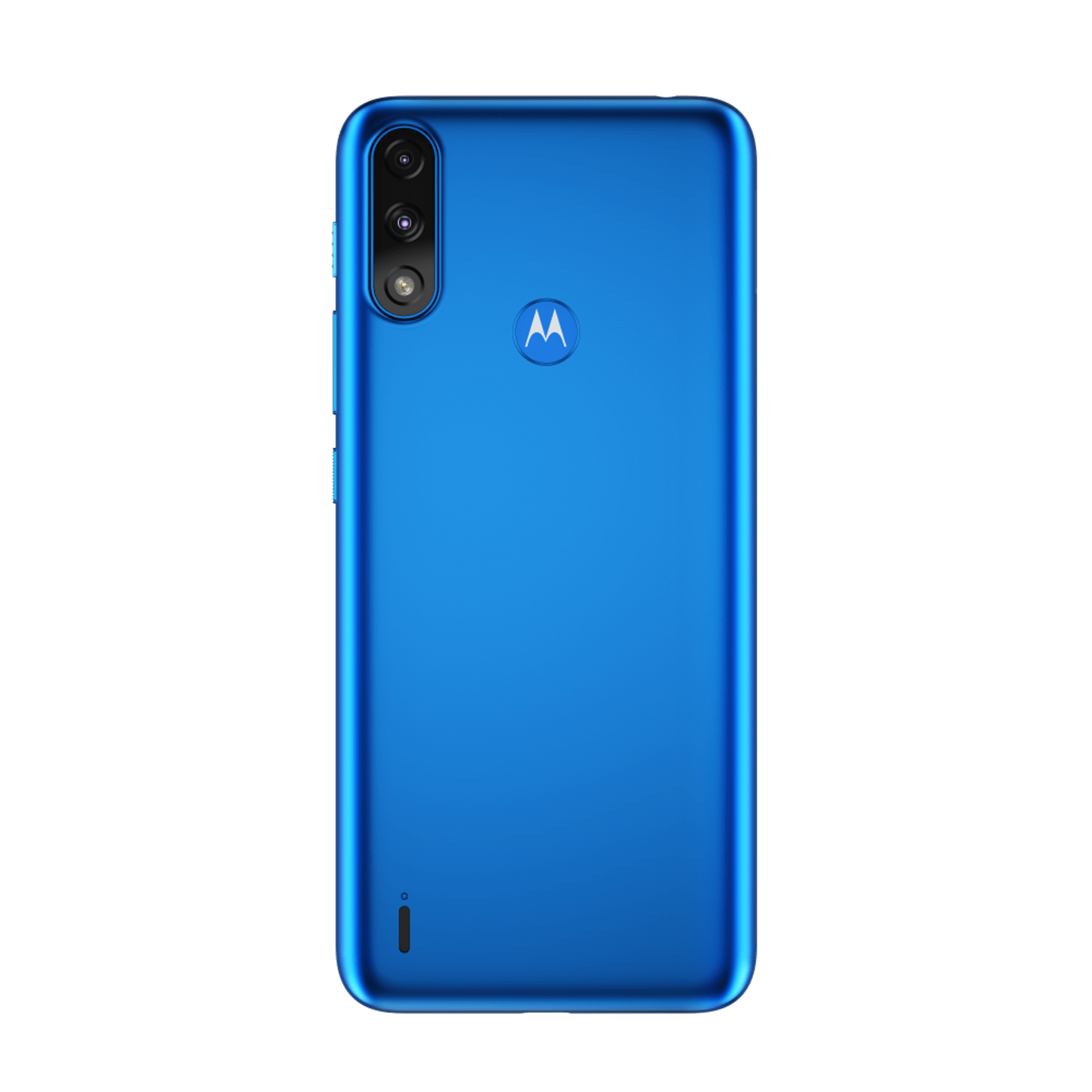 Niebieski telefon Motorola. Tył telefonu ma logo Motoroli i trzy aparaty.