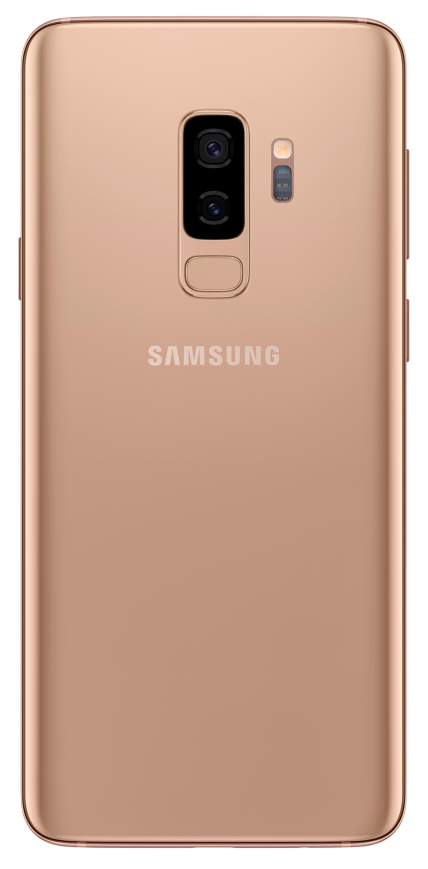 Roségoldenes Telefon mit zwei Kameras und SAMSUNG-Logo. Weißer Hintergrund.