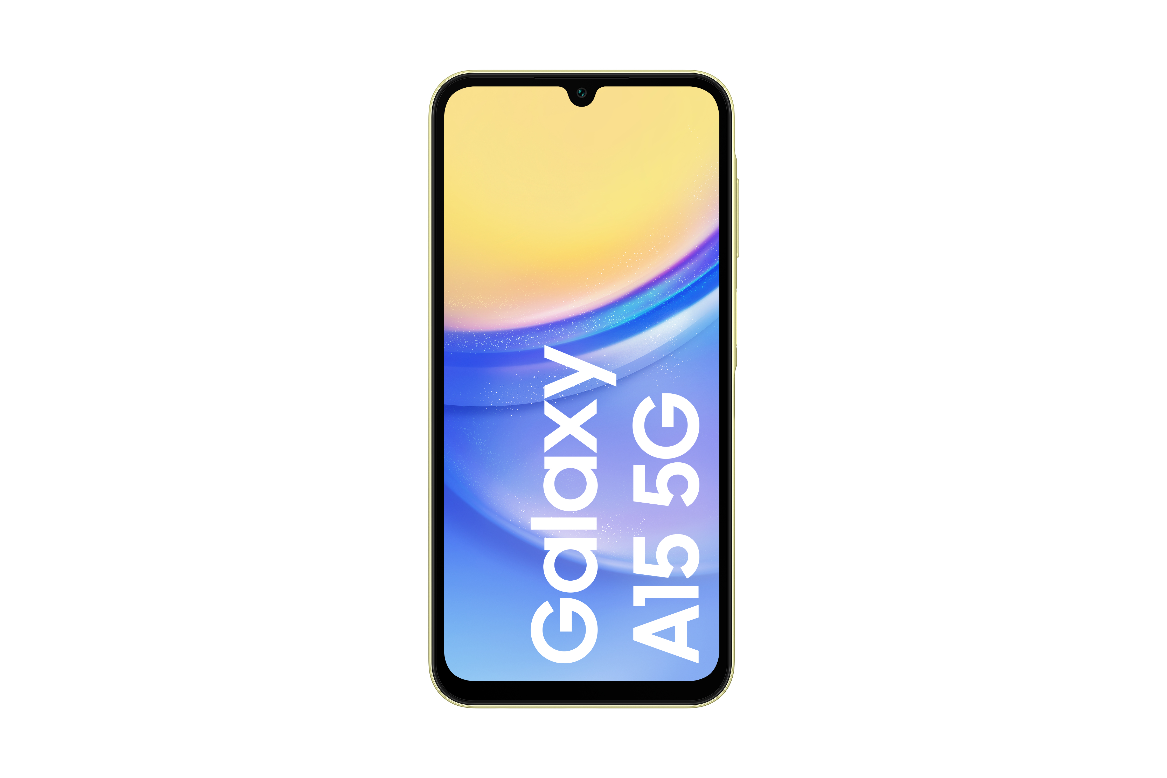 Ekran smartfona wyświetlający tekst 'Galaxy A15 5G' na gradientowym tle.