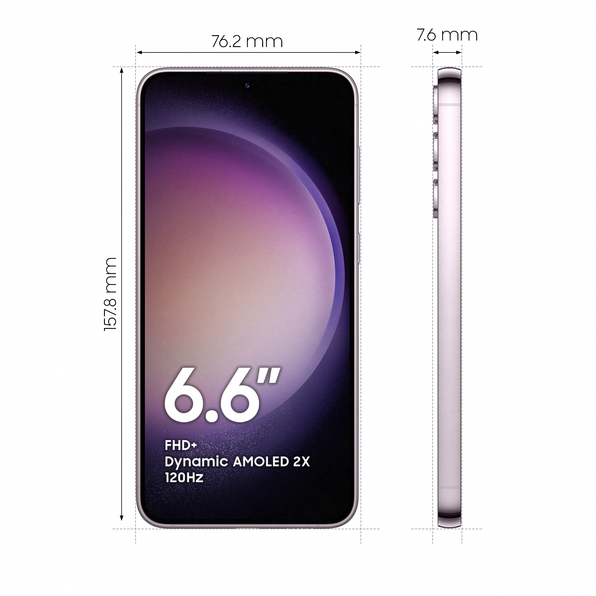 Een roze smartphone met een 6,6" scherm, afmetingen en tekst die functies aangeeft.