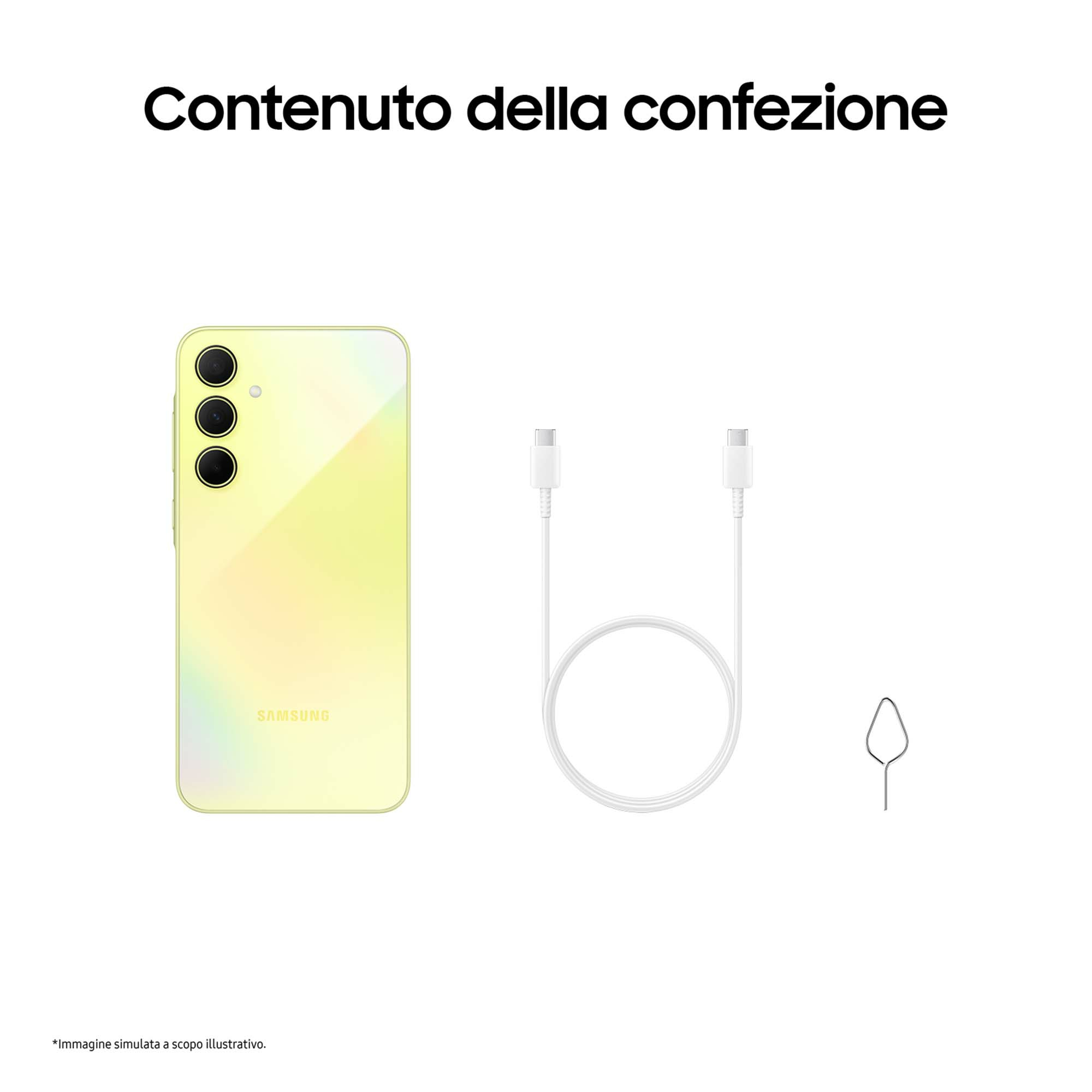 Żółty smartfon, biały kabel i narzędzie do wysuwania karty SIM na białym tle. Tekst u góry: Contenuto della confezione.
