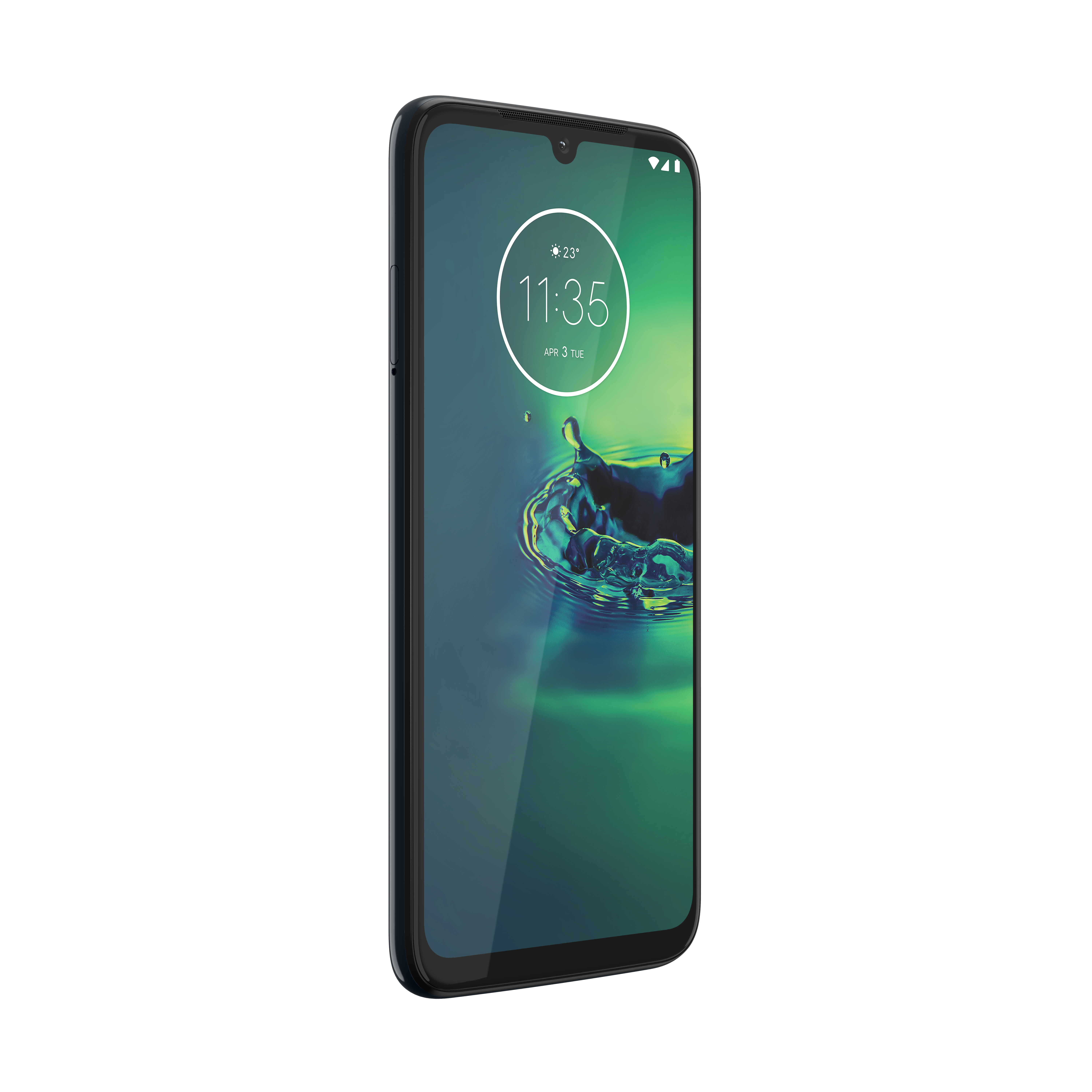 Ein schwarzes Telefon mit grünem Bildschirm, der die Zeit und einen Wassertropfen zeigt.