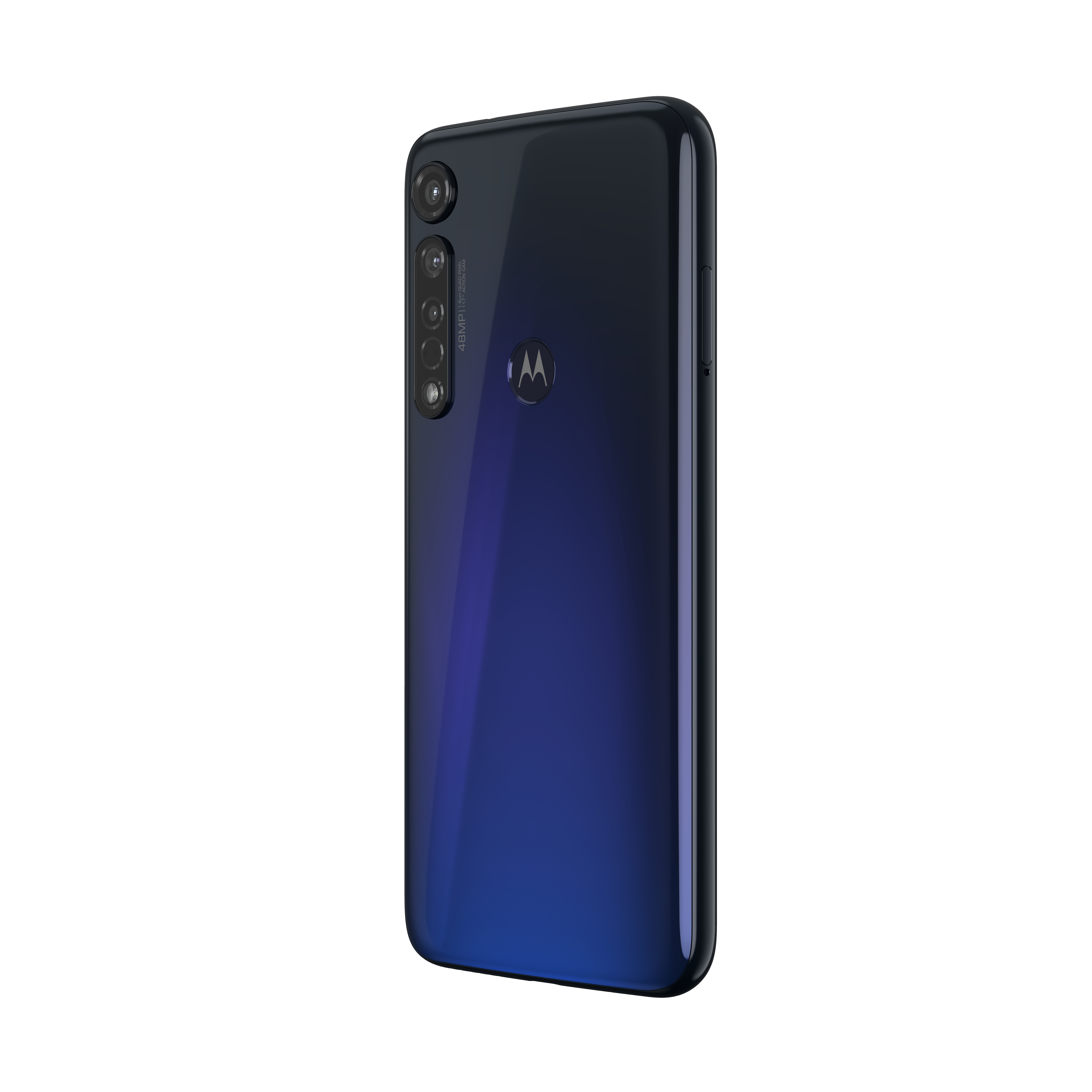 Rückseite des Motorola-Telefons mit blauem Farbverlauf. Mehrere Kameras und Logo.