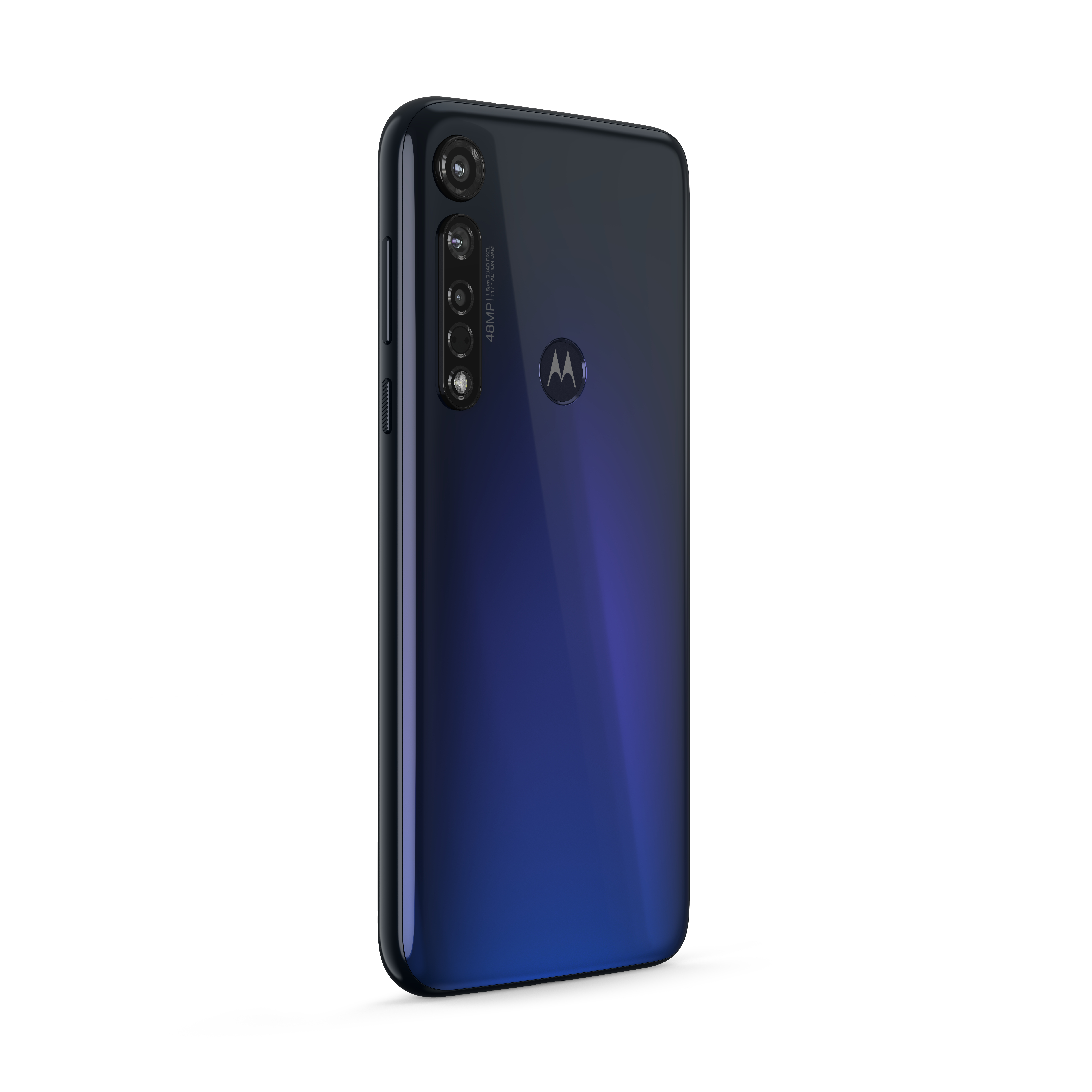Schwarz-blauer Farbverlauf-Telefonrücken mit Kameraanordnung auf Weiß.