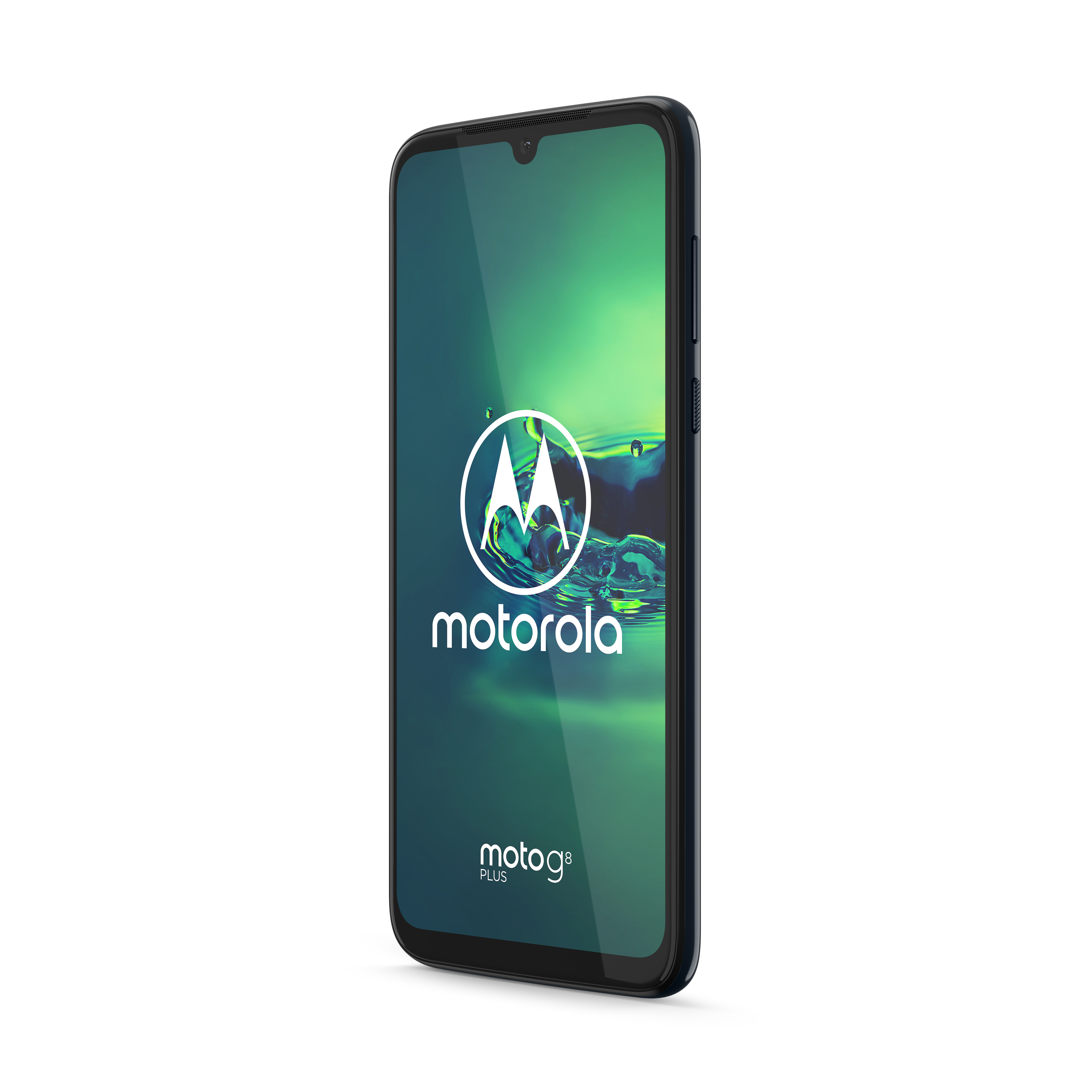 Ein blaues Motorola-Smartphone mit dem Motorola-Logo auf dem Bildschirm. Das Telefon ist in Perspektive.