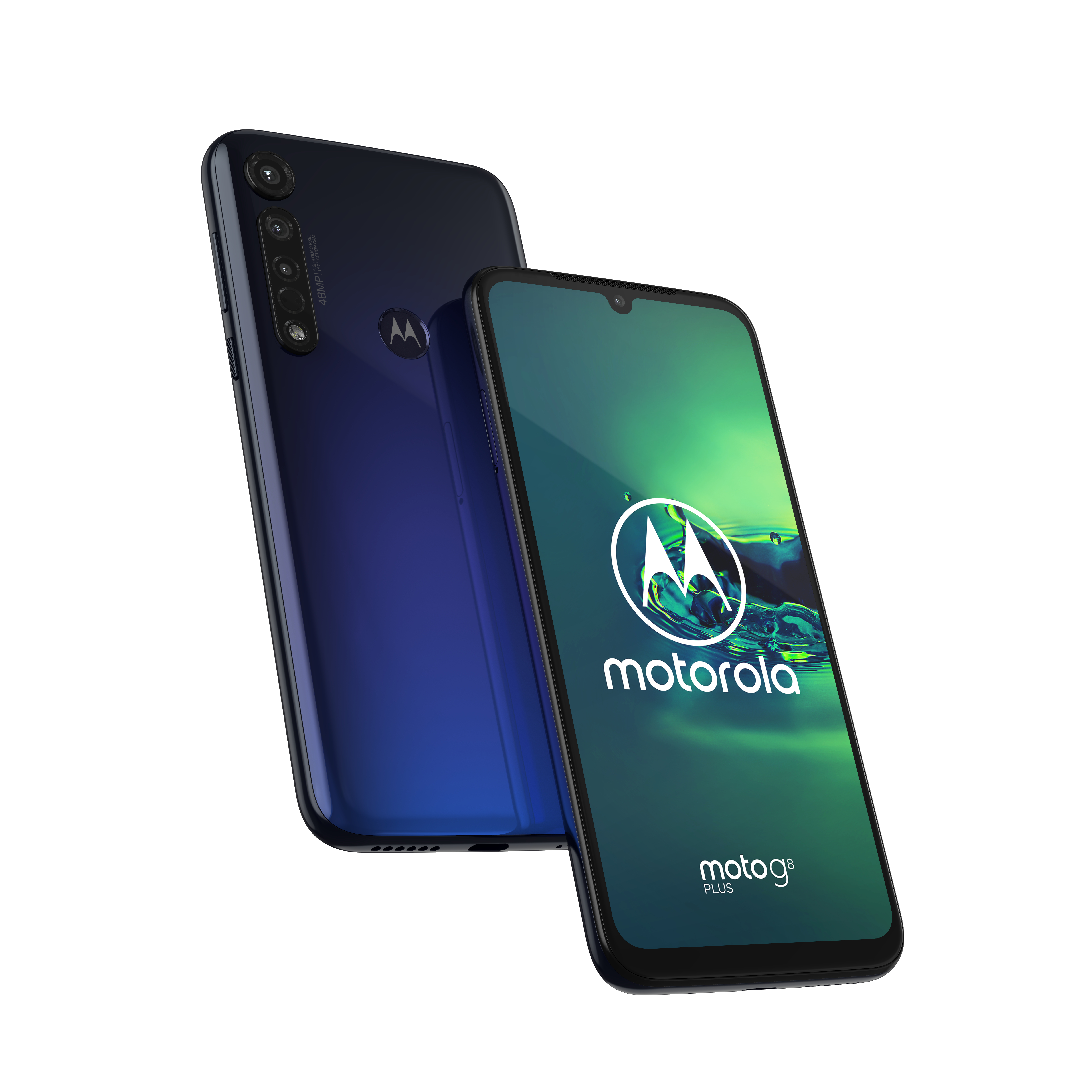 Motorola-Handy, Bildschirm vorne an, und hinten. Dunkelblau, mit Motorola-Logo auf dem Bildschirm.