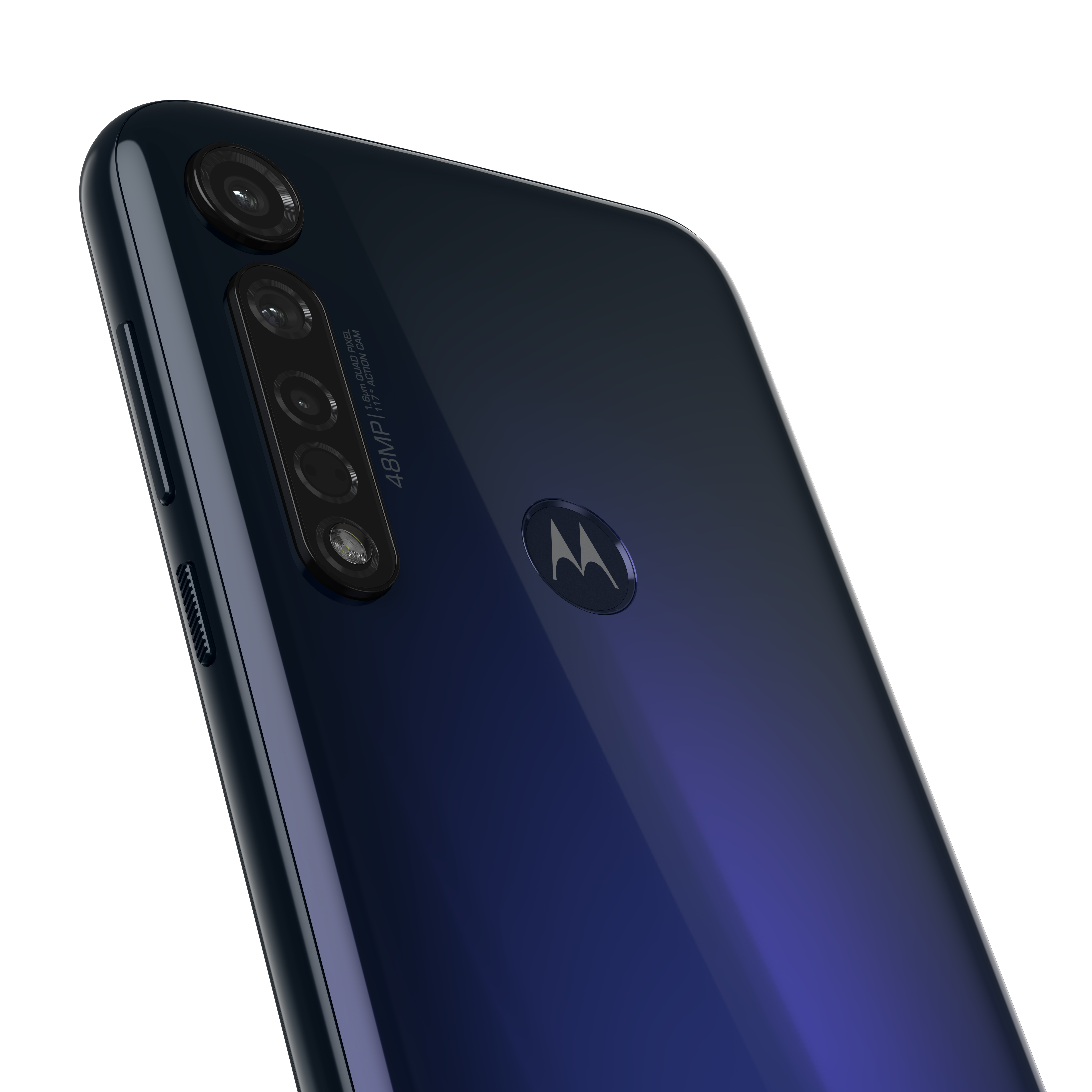 Ein blaues und schwarzes Telefon mit Kameras und Logo.