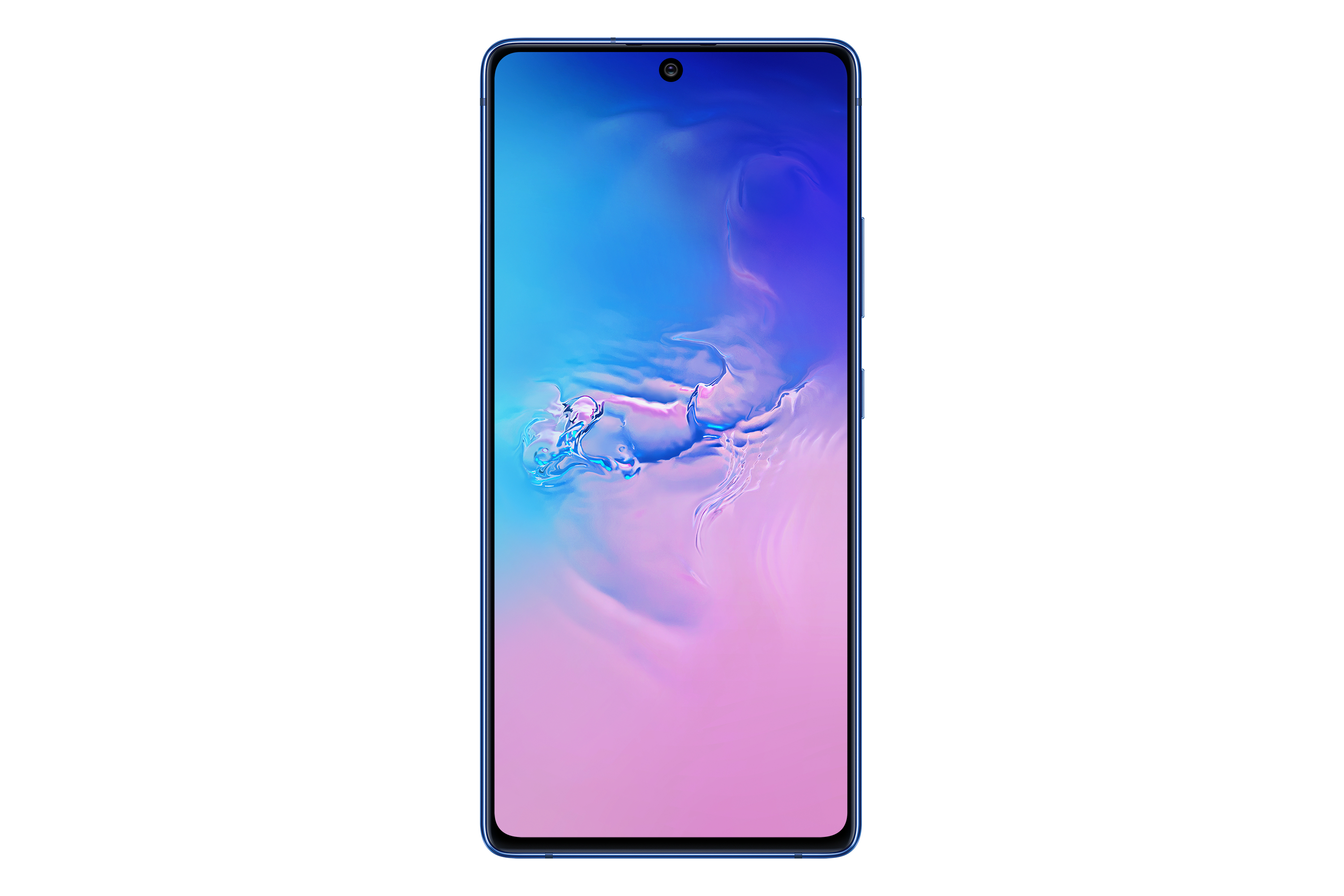 Een blauwe telefoon met een scherm met een blauw-roze verloop en een enkele camera aan de voorkant.