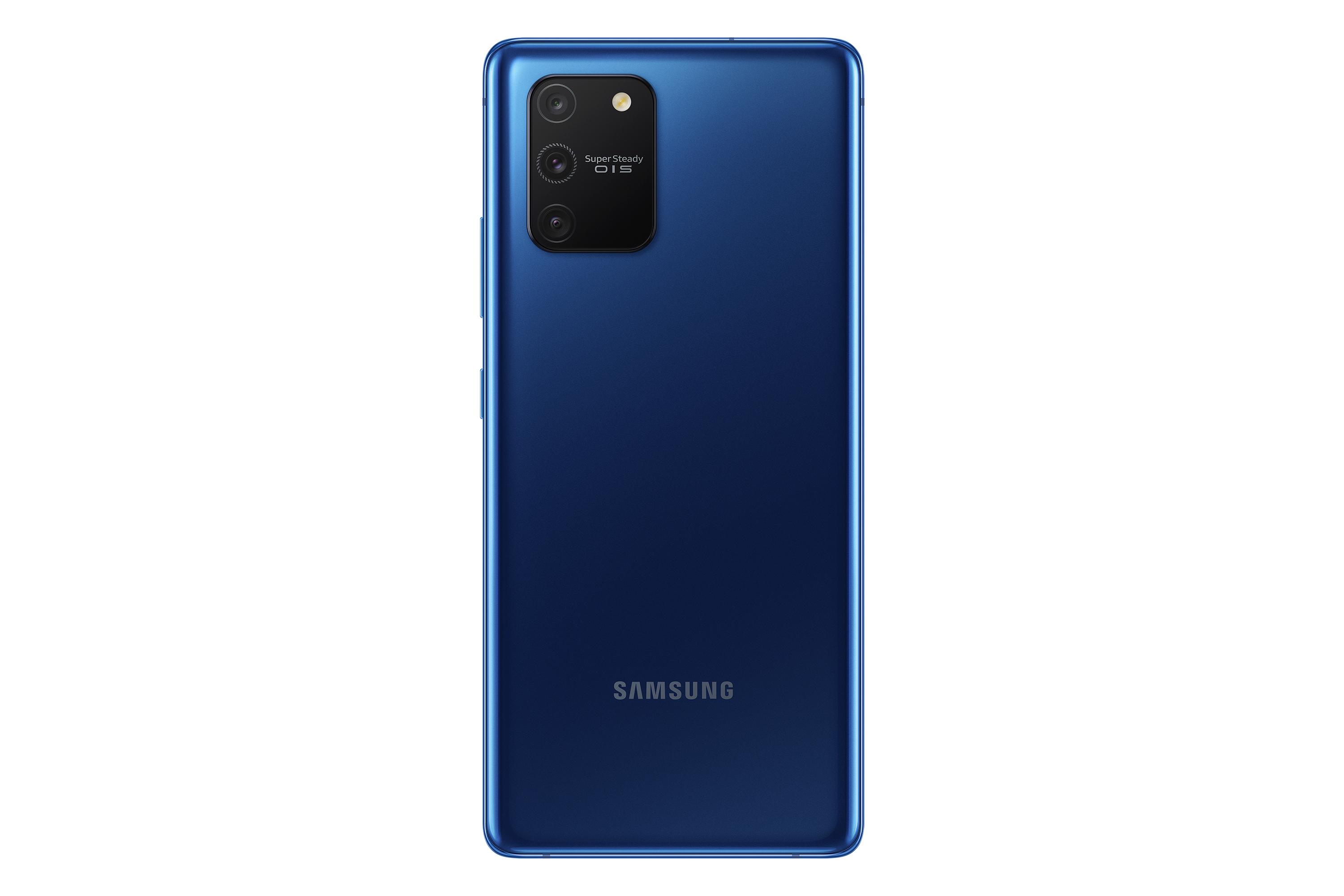 Blauwe telefoonachterkant met drie camera's en het Samsung-logo. Witte achtergrond.