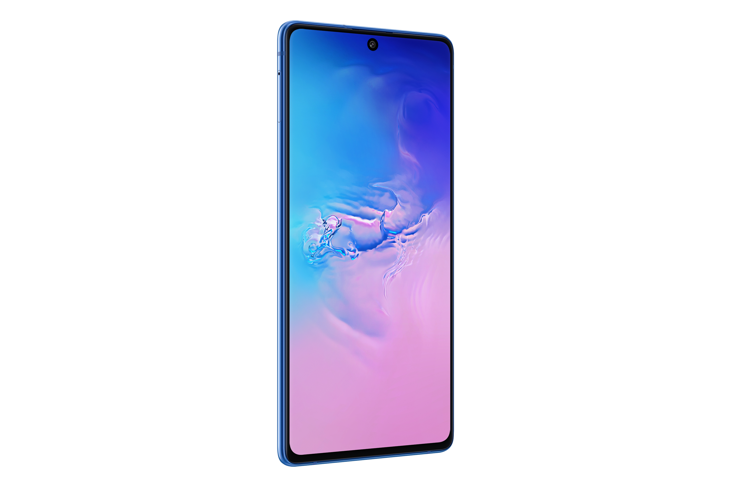 Blauwe smartphone met een blauw en roze gradient scherm, weergegeven in een hoek.