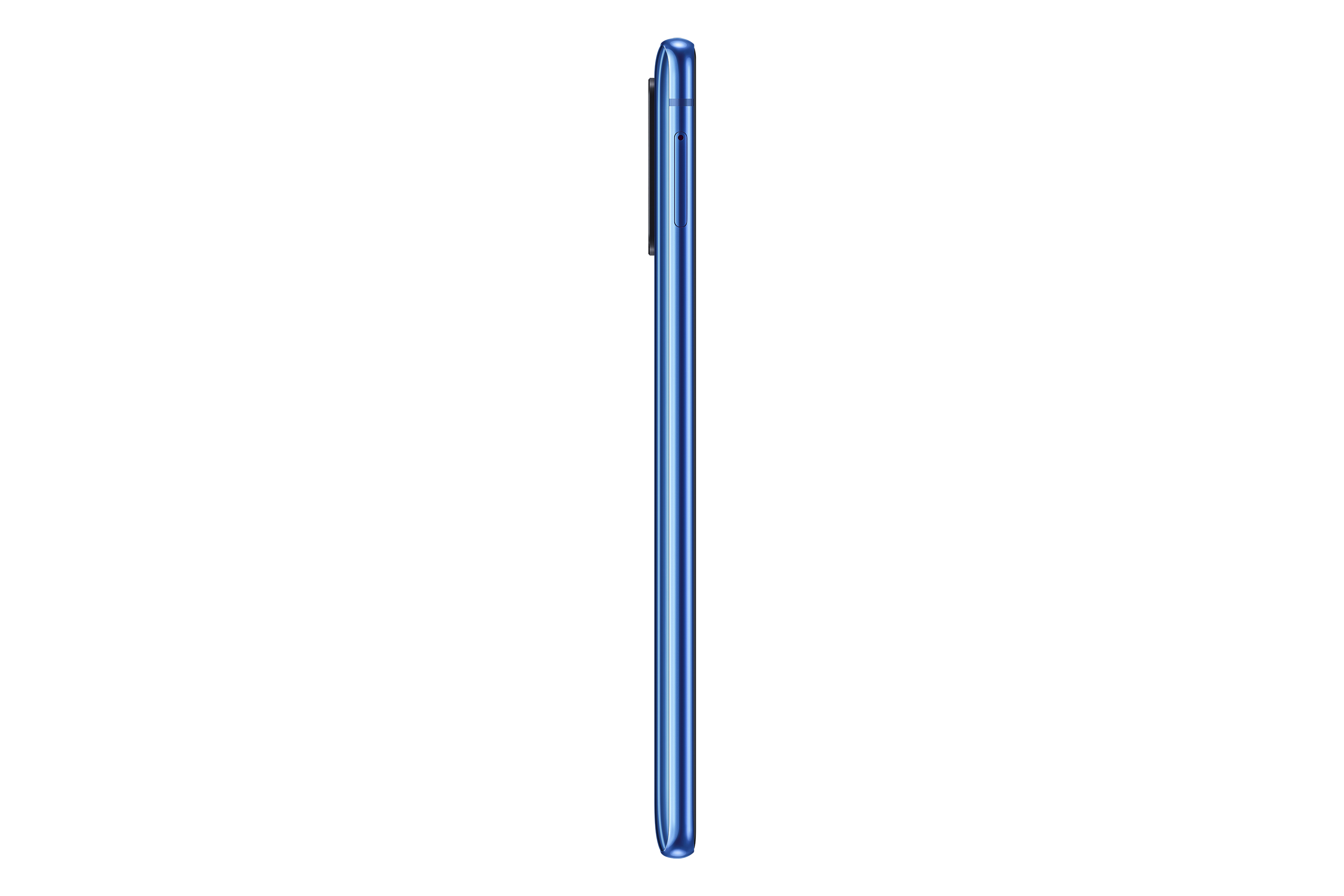 Zijaanzicht van een blauwe telefoon. De rand toont het slanke en strakke ontwerp van de telefoon.
