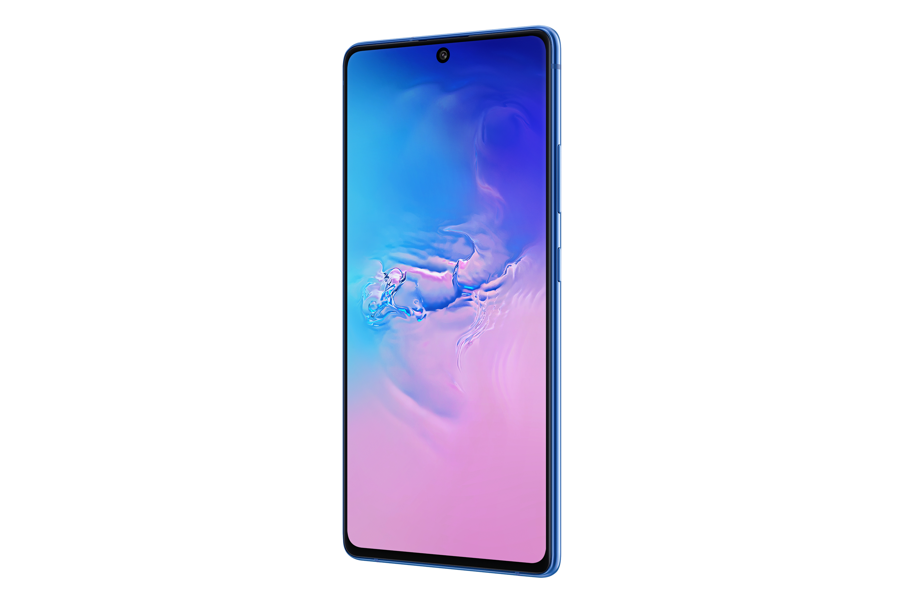 Een blauwe smartphone, lichtjes schuin, met een scherm met blauwe en roze kleurovergangen.